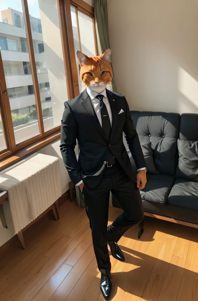 ((Anthropomorphic orange cat agent in the house)),BREAK,Perfect proportions,(the complete palm),Clear picture,Cross your hands,Shiny,black suit,green necktie ,Wooden furniture,floor to ceiling window,couch,cute,High image quality,Master works,perfectly proportions,4K,Perfect body shape,Documents in hand