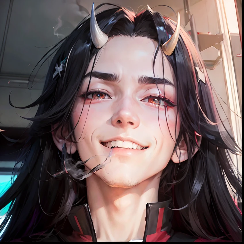 anime boy with extreme long black hair and horns in a red and black outfit, otaku, joker looks like naruto, hajime yatate, norihiro yagi, fujita goro!, choke smirk smile grin, in no game no life, wataru kajika, gas, boku no hero academia style, misato katsuragi, pale white skin, gas clothes, smoke clothes, smoke around