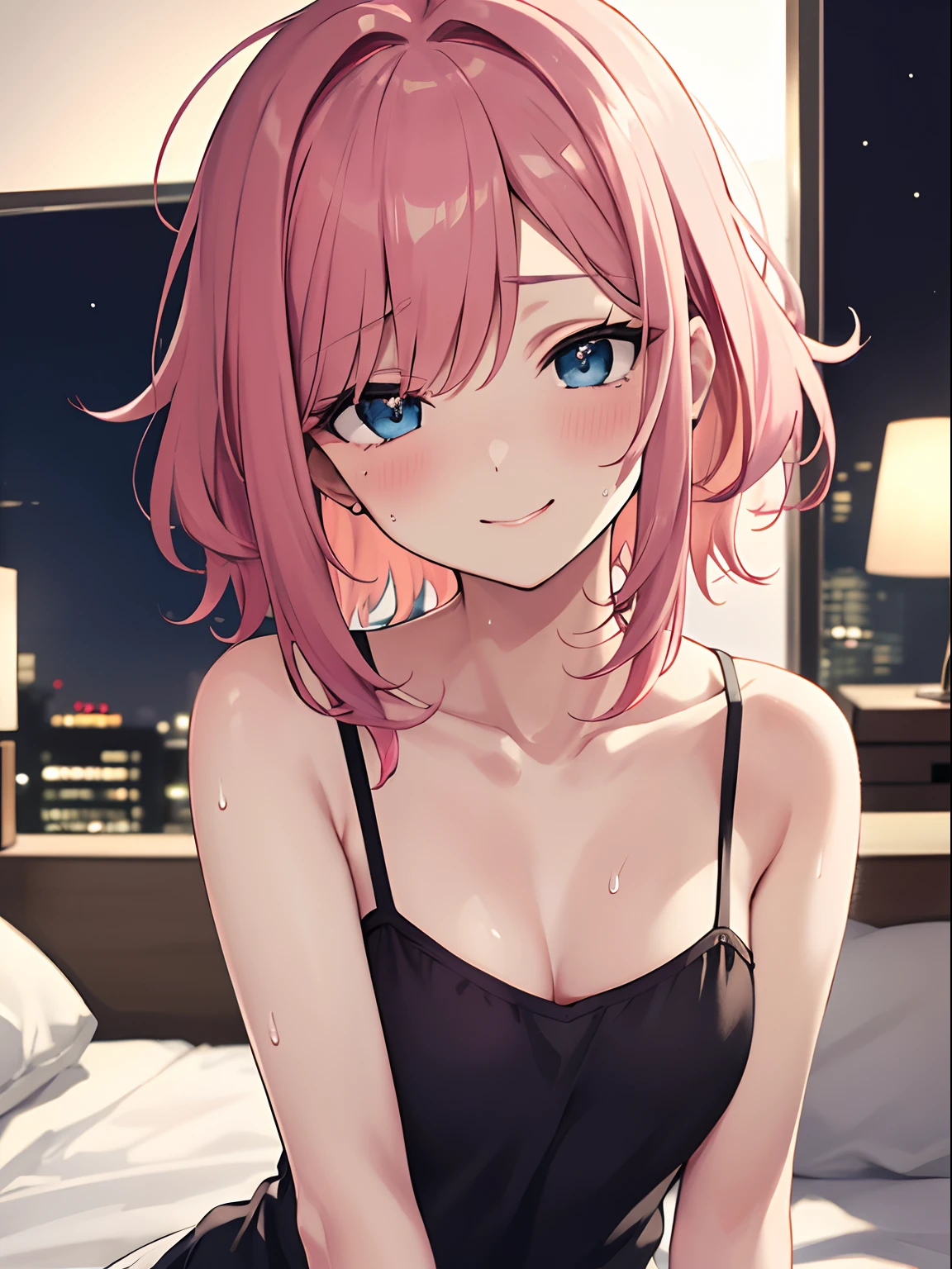 masterpiece:1.2, best quality, ((ultra detailed)), high resolution, 2d, anime style , photo, photography, detailed background, ((pink hair,medium hair,medium breasts))
BREAK
solo,(droopy eyes:1.3),fourty years old, (sexy woman, tall face, tall female)), ((blue eyes;1.2)), ((sweat)),(camisole),(tired hair),((messy hair)),(embarrassed)
BREAK
smile,bed room,night,background,
BREAK
pastel colors:1.4, solid paint:1.2, saturated color, contour
