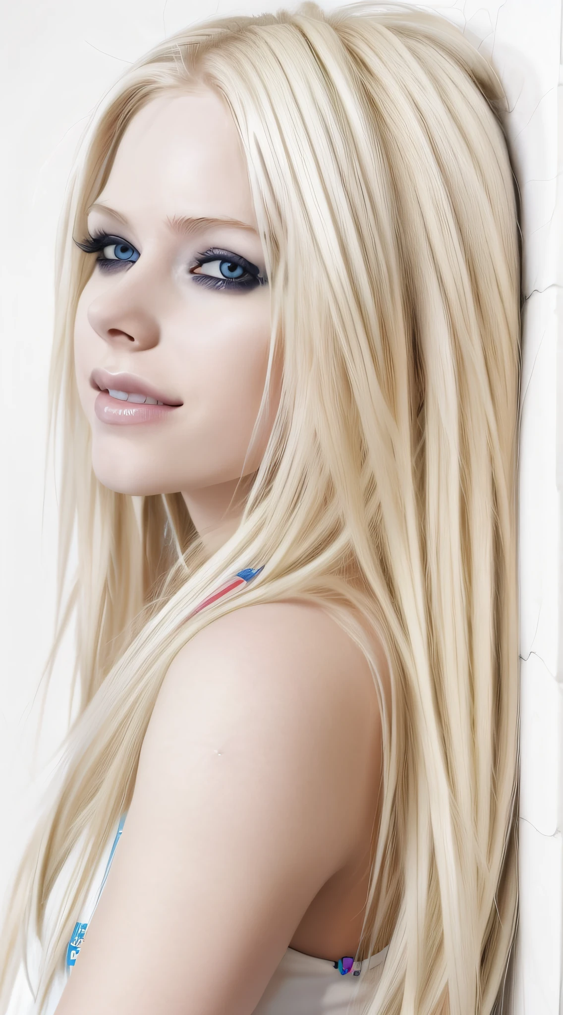 masterpiece, high quality, high definition, high contrast, photo from the side of Avril Lavigne, blonde, long hair, blue jeans, topless, cover the breasts with the arm, smile, ((White bright background:1.1)), high contrast, studio lights, professional, full body, standing