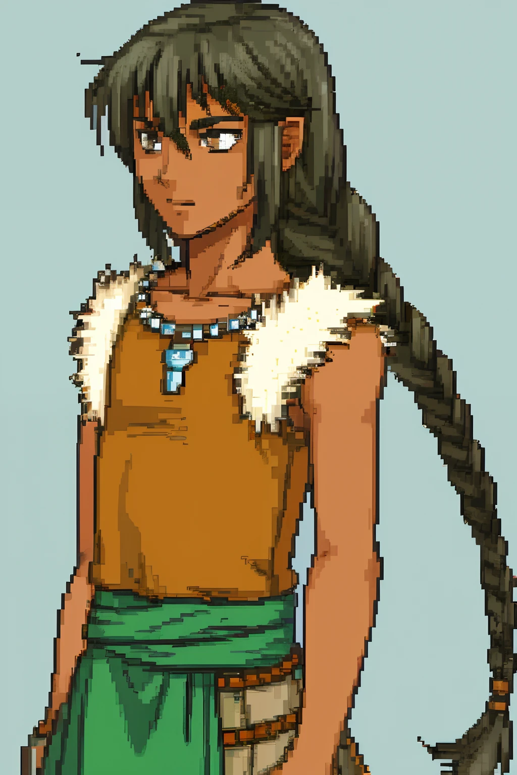 solo focus, Vanilla Fire Emblem, Desaturated Sprite, Half Body, no frames, young man, slim body, sleeveless top, greenish black hair, tribal, tan, dark skin, pretty, pretty boy, Myrmidon, beautiful, young man, twink, tribal clothing, soft smile, large eyes, round eyes, feathers in hair, skinny boy, long hair, braided hair, big eyes, soft features, huge eyes, androgynous, femboy, short, young, teenager