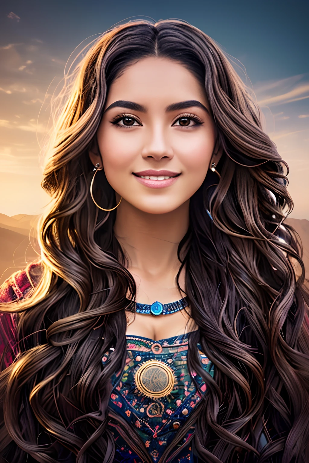 Beautiful boho women stunning merge of Gina Rodriguez with colorful southwestern style dress. colorful southwestern earing and. jewelry dark-black colored hair that is coarse, wiry, and tightly curled. It often has a rough texture, feels stiff to the touch, and may be prone to frizz and tangling. The curls can be densely packed. The Official Art – An Award-Winning Digital Masterpiece In 4K Ultra HD, Extreme Detail And Intricate Realism. symmetrical face. This Concept Art Brought To Life By The Hands Of Artists Like Wlop & Artgerm In A Stunning 2D Vector Illustration. large, perky, full, vuluptious, symmetrical and spherical breasts. Background is a beautiful panoramic vista of a red rock canyon.