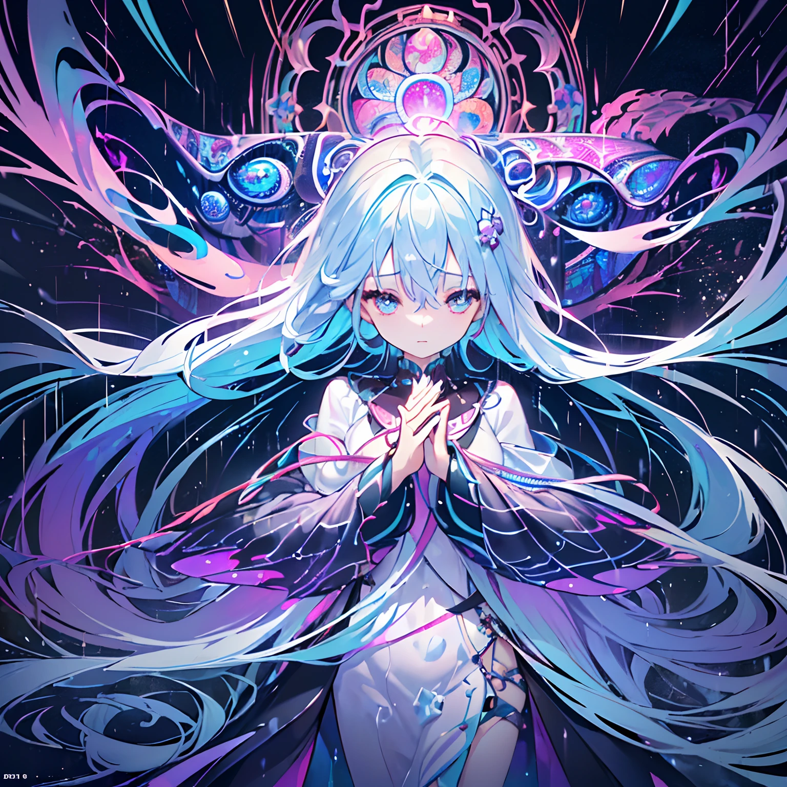 (masterpiece、top-quality、top-quality、Official art、Beautifully Aesthetic:1.2)、(1girl in:1.3)、(Fractal Art:1.3)、The upper part of the body、(((Delicat eyes)))From Side、looking at the viewers、patterns、(rainbow-colored hair、colourful hair、rain is falling、Put your hands together and close your eyes in prayer、Iridescent splashes、Bustling street