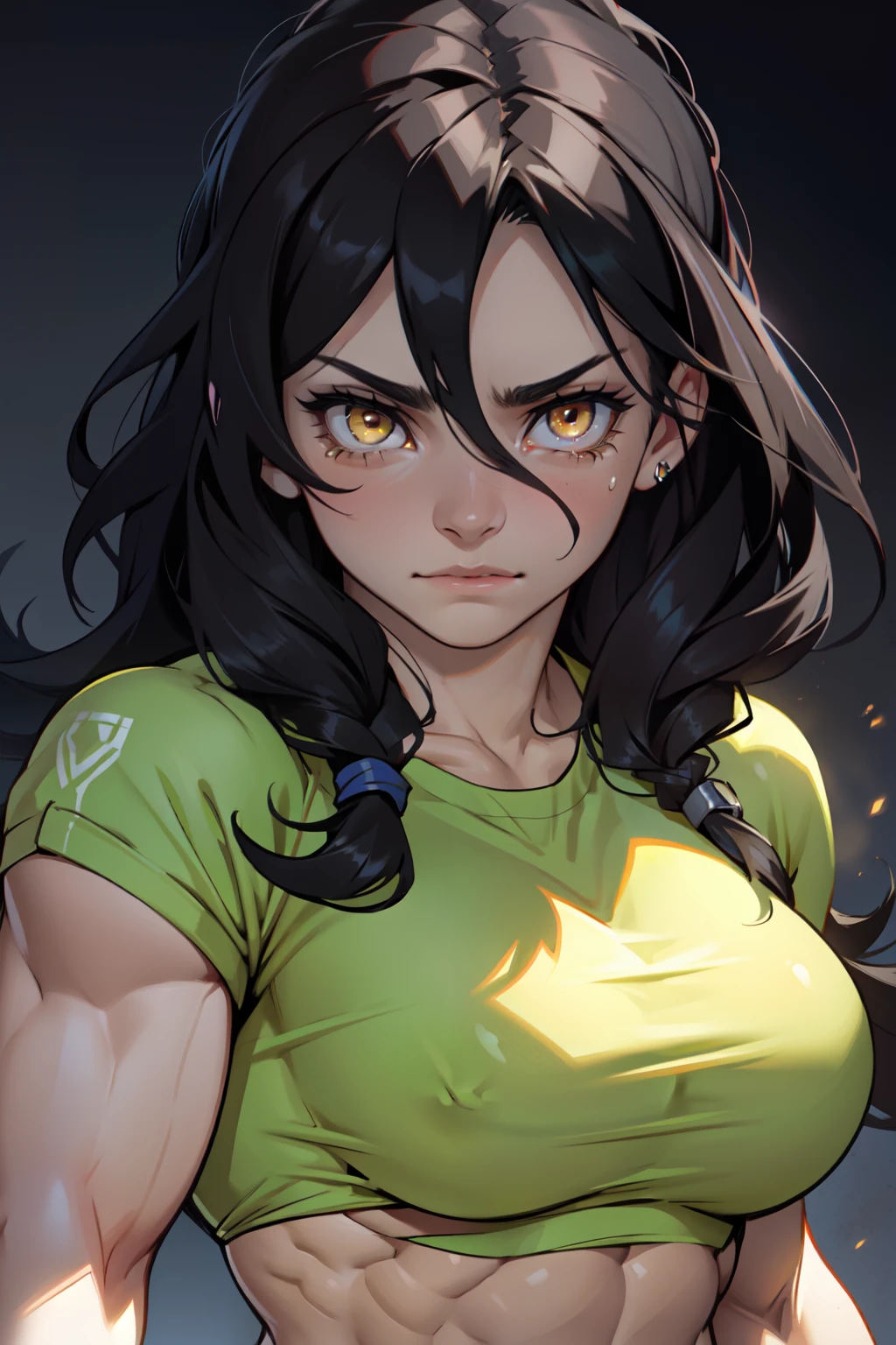 ((1girl bodybuilder shining eyes)) pale skin black hair very long hair yellow eyes large breasts long abs crying close up
