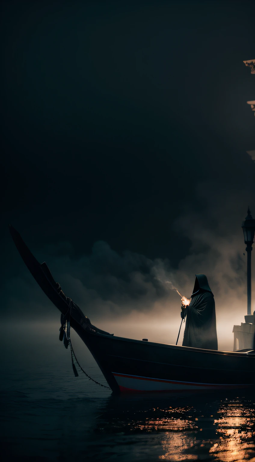 (masterpiece), [a man alone standing on a boat, perfect boat, simple boat, :a hooded skullman standing on a boat, (boat:1), on a boat,, death, magical, (dark fantasy style), lake, lamp, scary, horror, spectral, dark atmosphere, underwolrd, 4k, UHD, detailed, mystical, eery atmosphere, epic, sorcerer, scary sky:8],  solo, alone, 1man, cinematic,  (dark:1.3),(fog), night,cinematic, mysterous
