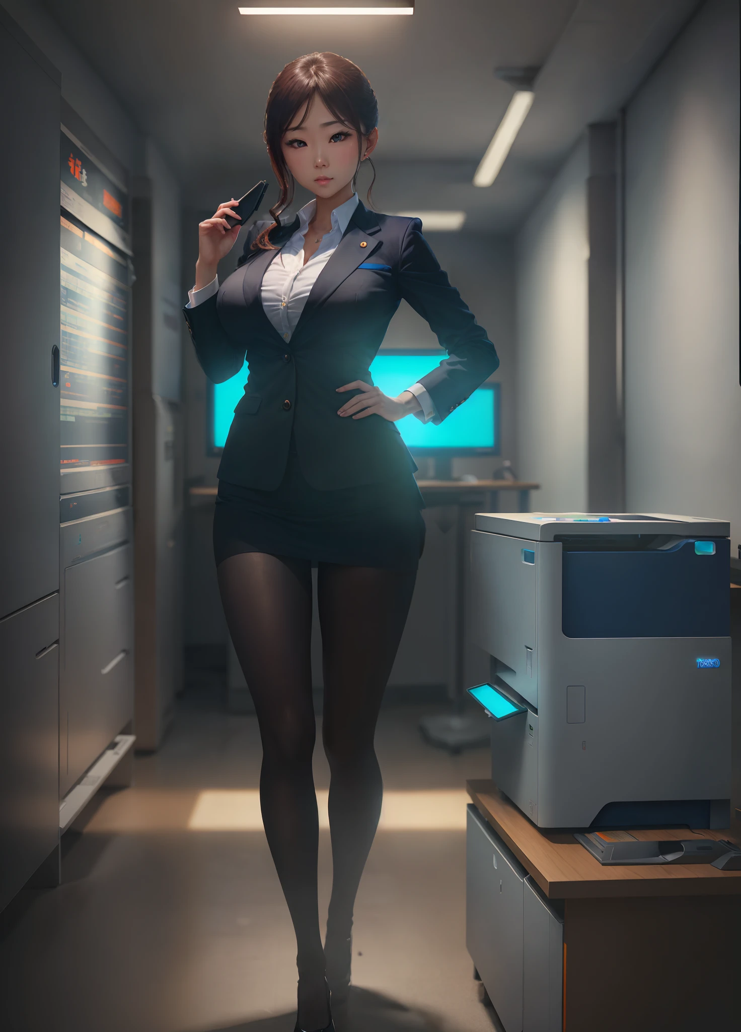A photocopier，tmasterpiece，photorealestic，photore，chineseidol，full body shot of，Business suit，formal outfit，shirt，Stand next to the copier，office room，城市，desks，Computer，copy machine，looking at viewert，Chinese big breasts，1个Giant Breast Girl，Hand detail，Sweet appearance，cinematric light，超A high resolution，8k uhd，cinematic textures，filigree，RAW，A high resolution，There was a photocopier behind him --auto --s2