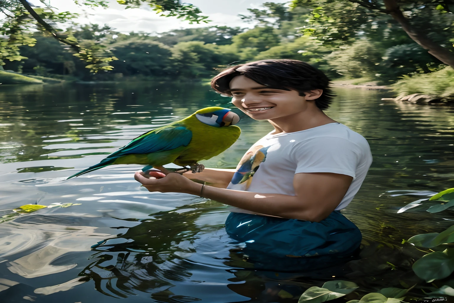 (best quality,8k,highres),1 boy with a big, blue parrot,gorgeous,high color,sit by the lakeside,blue water,green grass,tall trees,clear sky,lively atmosphere,peaceful surroundings,brilliantly colored feathers,colorful bird,fascinating plumage,captivating scene,vibrant and vivid colors,rays of sunlight filtering through the leaves,lake reflecting the beauty,serene and tranquil ambiance,harmony between the boy and the parrot,carefree and joyful expression,beaming smile,childlike innocence,perfect synchrony between nature and humanity,immersive and breathtaking artwork,skillfully painted strokes,meticulously detailed features,realistic portrayal,naturalistic lighting,dynamic composition,artistic flair,mesmerizing aesthetic,eye-catching masterpiece