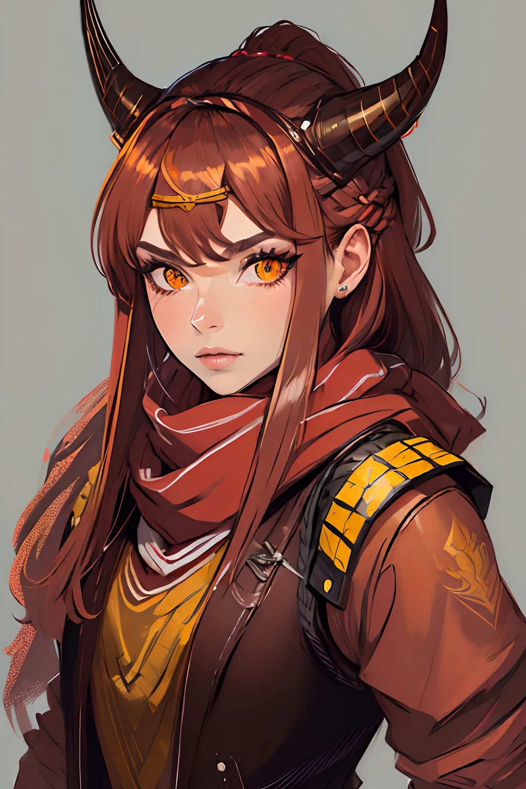 ((melhor qualidade)), ((ultradetalhado)), ((obra-prima)), poucas sardas, cabelo castanho dourado curto ligeiramente encaracolado, ambar eyes, brown and red leather mask, Scarf tied in hair, rabo de cavalo