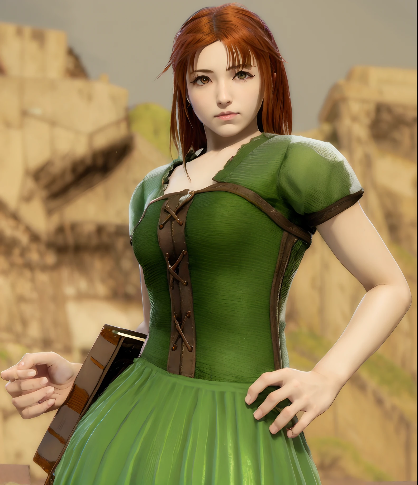 There's a woman in a green dress holding a book, como personagem em tekken, Natalie de Epic Battle Fantasy, Aerith Gainsborough, personagem feminina, Retrato de Tifa Lockhart, Tifa, protagonista feminina 👀 :8, de ff7, render de mirabel madrigal, de Final Fantasy VII, bela Aerith Gainsborough, personagem de final fantasy