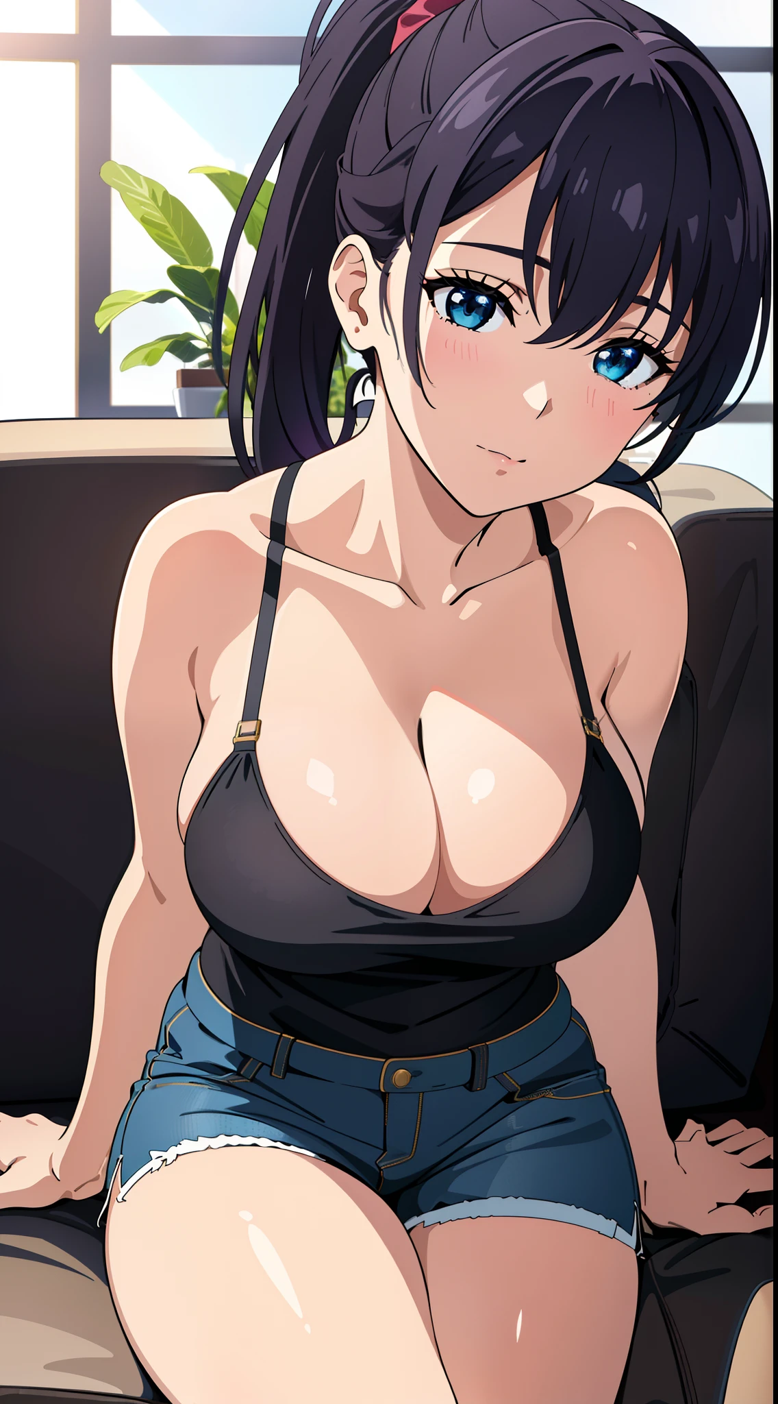 (best quality:1.5, highres, UHD, 4K, detailed lighting, shaders), ponytail, large breasts, camisole, shorts, cleavage, (pov, close shot), sitting on couch, thighs, sexy, calm