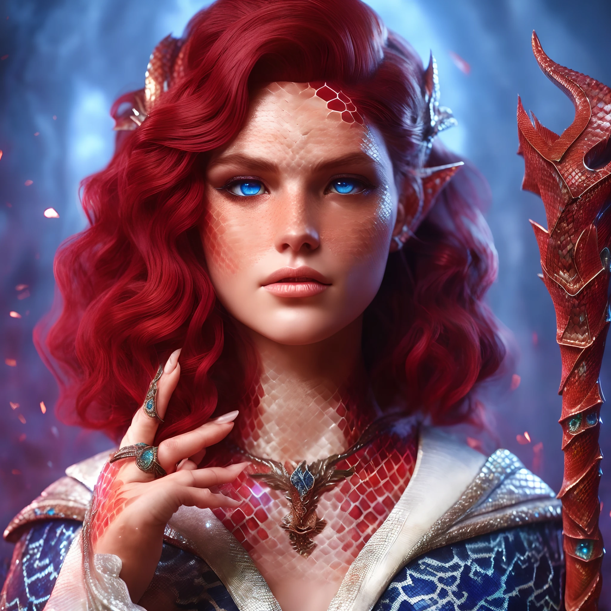 Her red hair falls in waves to her shoulders, His skin displays subtle scales, a result of his draconian ancestry, emitting a discreet glow. The blue eyes, with serpentine pupils. ((Dragon scales)), ((fish scales)), (Realistic), (8k)