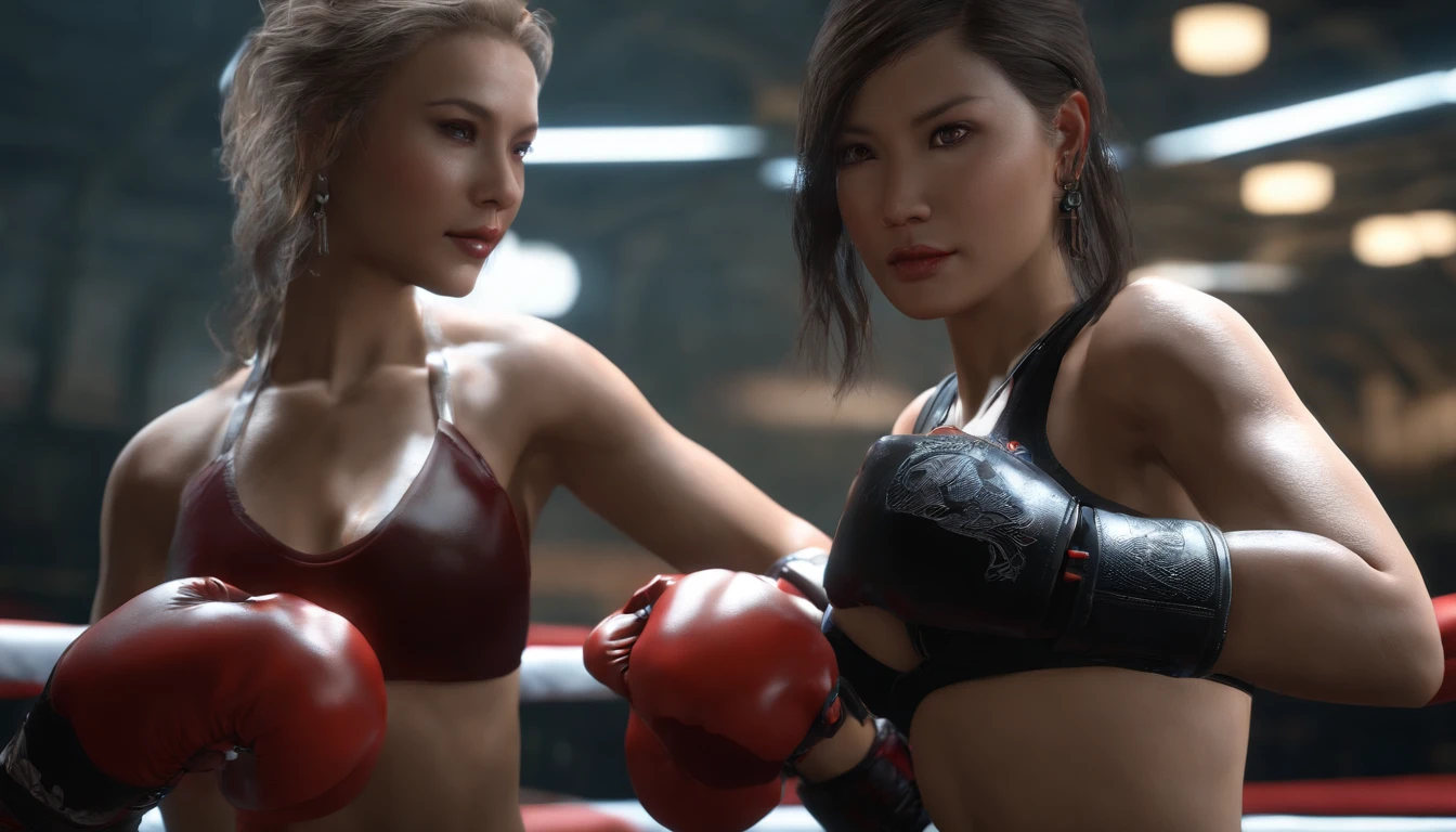 ((best qualityer)), ((tmasterpiece)), (A detailed:1.4), . .。.3D,Chinese female model ,Portrait of a beautiful cyberpunk woman, hdr (HighDynamicRange),2girls,High-res,Unreal 5,Subsurface scattering,PBR textures,post-proces,Anisotropic filtering,Deep depth of field,Maximum Sharpness and Clarity,Many-Layer Textures,Albedo and specular maps,Surface Coloring,Accurate simulation of light-material interaction,perfectly proportions,Plump breasts,octanerender,Two-tone lighting,Wide aperture, Low ISO, It's raining,Rule of thirds, 8K raw data,Sexy,.,Lifelike,sport,boxing gloves,Combat action,Boxing ring,Sweat,Wet shirt,Fight,Wound,Storm,Sting,