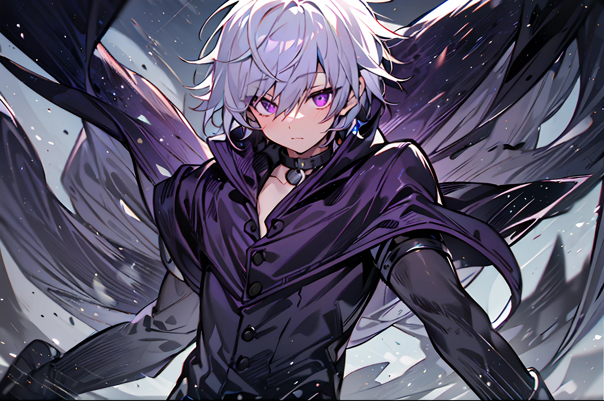 One Boy、hight resolution,close range、Anime boy with white hair and purple eyes、 shining purple eyes、slim、dressed in a black outfit、Shadow Body、de pele branca、monochromes、hair messy、Sharp eyes