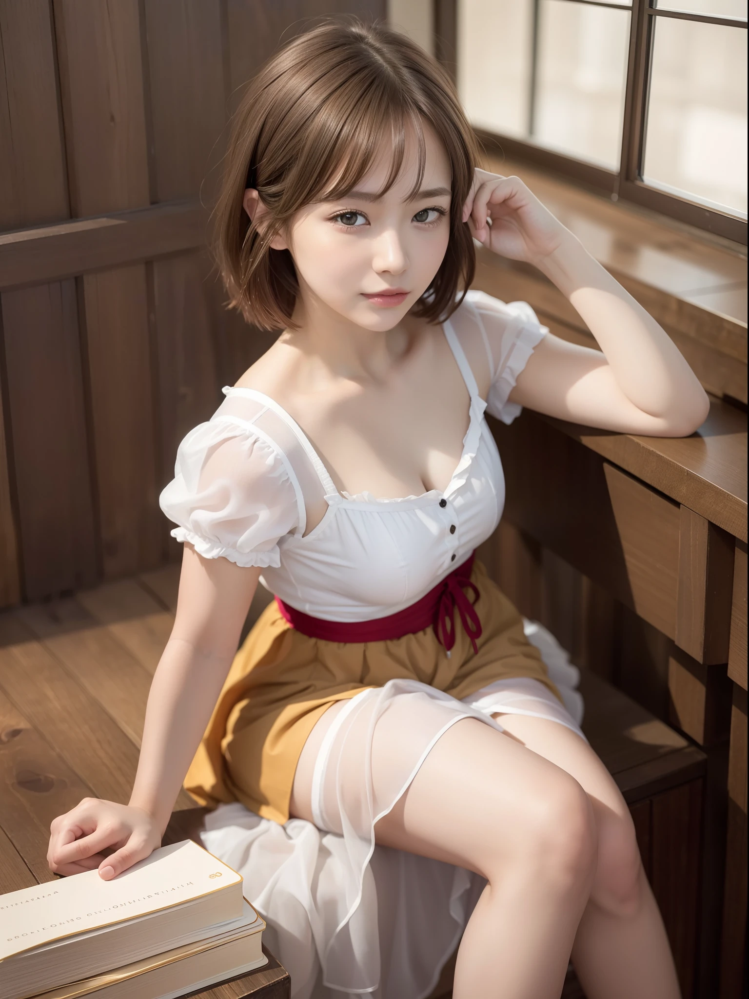 ((of the highest quality, 8K, masutepiece: 1.3, Raw photo)), Sharp Focus: 1.2, (1 AESPA Girl :1.1), Solo, (Realistic, Photorealistic: 1.37), (Face Focus: 1.1), Cute face, hyperdetailed face, (short messy hair: 1.2), Small Smile, Small breasts, flat chest, full nude, (dirndl: 1.5), multilayer-skirt, chiffon skirt, sitting, Thigh, cafe, bar, books