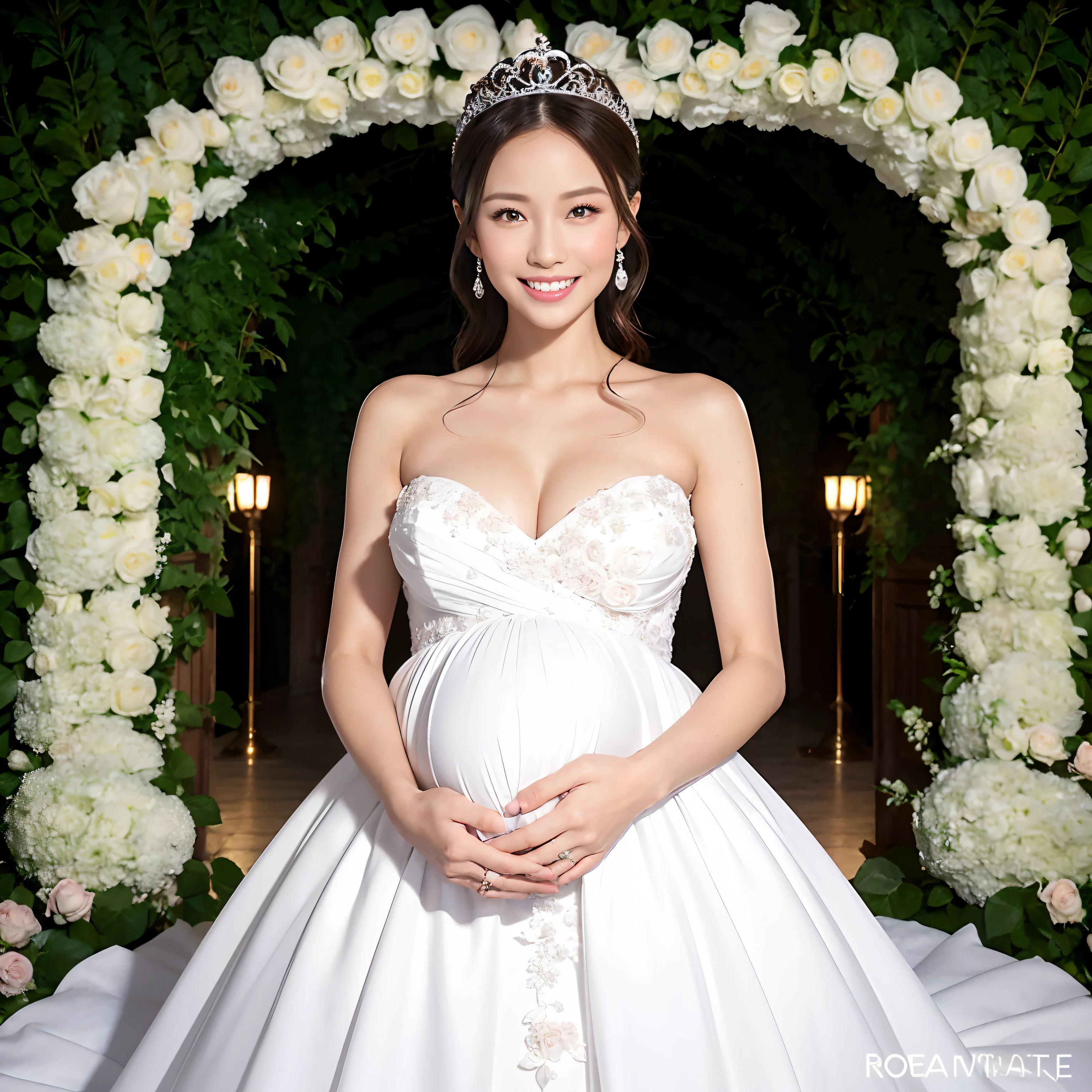 ((8 pregnant women,8 Pregnant women,8 Pregnant women,Multiple pregnant women,Japan pregnant women,Pregnant,Pregnant women in Japan,Pregnant women,Pregnancy,Japan pregnant women,Big belly,Very big belly)),(Smile here,View here,Looking at the camera,It's the perfect camera gaze),(finerly detailed face,Lifelike face,Clean teeth,White teeth,perfect teeth,A slight smil),beautiful tiara,Tiara tiara and jewelry,Sparkling tiara,8K、hightquality、The best images、beautiful image、flower gardens、(Flower Tunnel,Arch of roses,Flower Arch,A large amount of roses,surrounded by flower,a large amount of flowers,Pink and white roses,numerous roses,Pink roses,white roses,8 brides surrounded by flowers)、、A slight smil、wedding dress、Fantastical