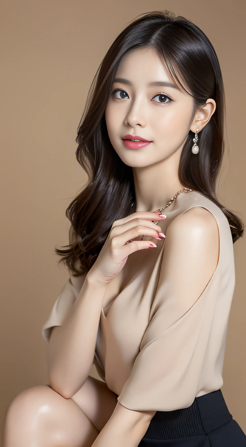 (((Brown Long Hair))), (Louvre Museum), Pose Seductive, (A hyper-realistic), (Illustration), (Increased resolution), (8KUHD), (Extremely detailed), (Best Illustration), (Beautiful and detailed eyes), (Best Quality), (ultra-detailliert), (masutepiece ), ( Wallpaper), (Detailed face), Solo, 1人の女性, Fine details, Detailed face, Deep Shadows, lowkey, pureerosfaceace_v1, Smiling, 46 point slanted bangs、Black lace underwear、cleavage of the breast、Big necklace、large earring、Laughing、Glasses with thin rims、