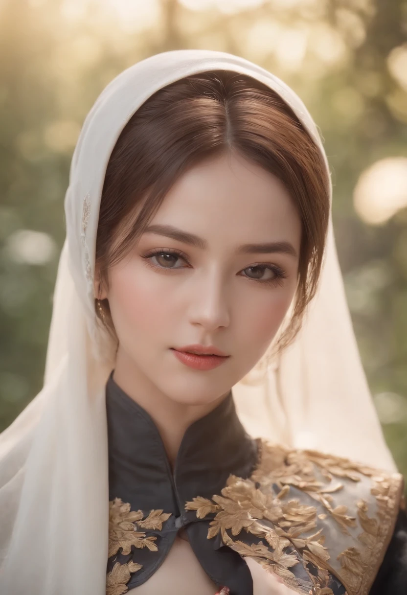 .masterpiece:1.2, best quality), realistic, (real picture, intricate details, depth of field), (1girl, solo), make up, parted lips, highly-detailed, perfect face, (skindentation), glossy coral lips, (A girl wearing full hijab, Islamic clothes), blushing, Raiden baal (Raiden shougn) from genshin impact,high-detailed hands,