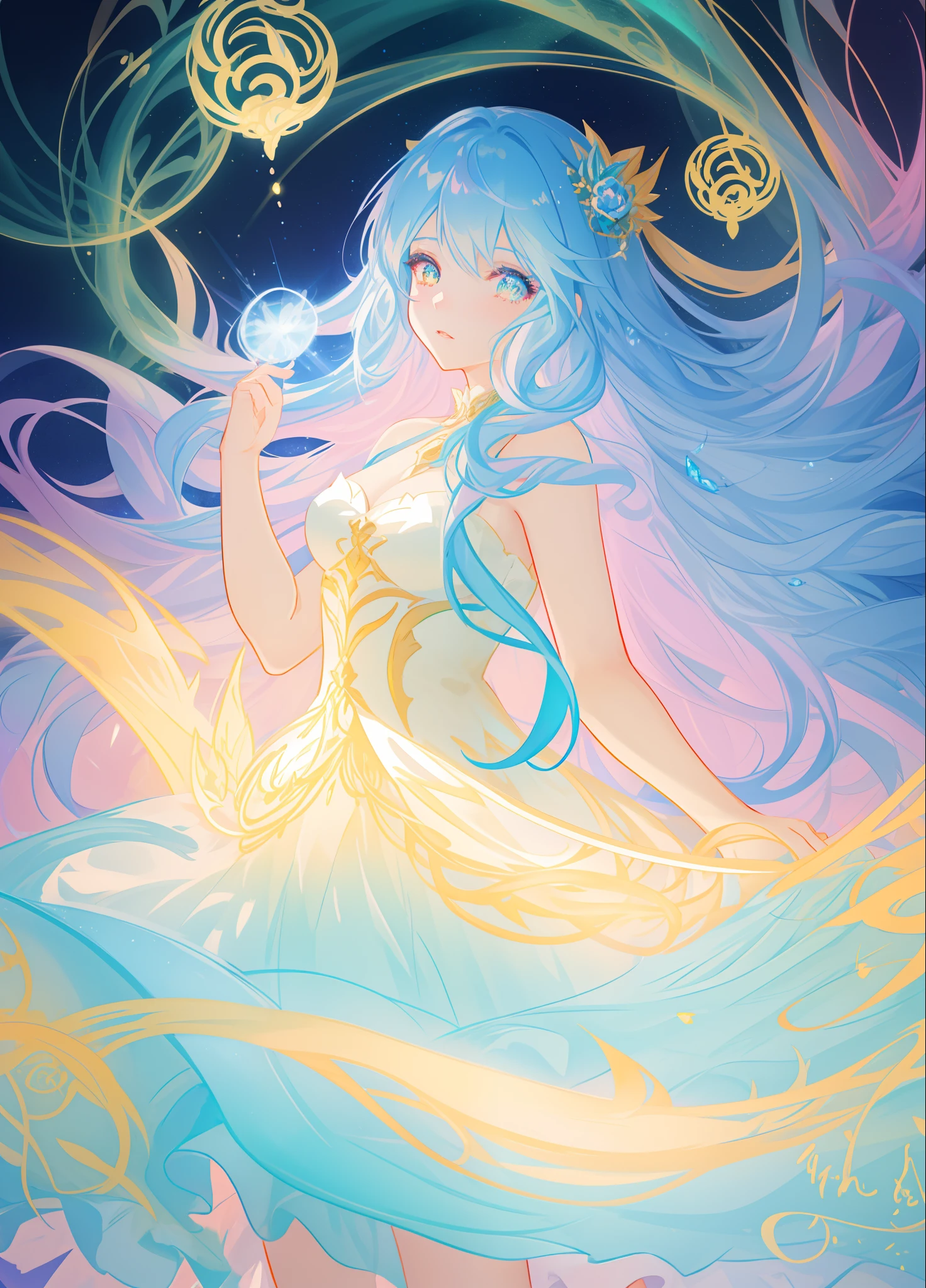 beautiful girl, puffy tiered layered ballgown, magical forest, vibrant pastel colors, (colorful), glowing golden long hair, magical lights, sparkling magical liquid, inspired by Glen Keane, inspired by Lois van Baarle, disney art style, by Lois van Baarle, glowing aura around her, by Glen Keane, jen bartel, glowing lights! digital painting, flowing glowing hair, glowing flowing hair, beautiful digital illustration, fantasia background, whimsical, magical, fantasy, ((beautiful face)), ((masterpiece, best quality)), intricate details, highly detailed, sharp focus, 8k resolution, sparkling detailed eyes, liquid watercolor