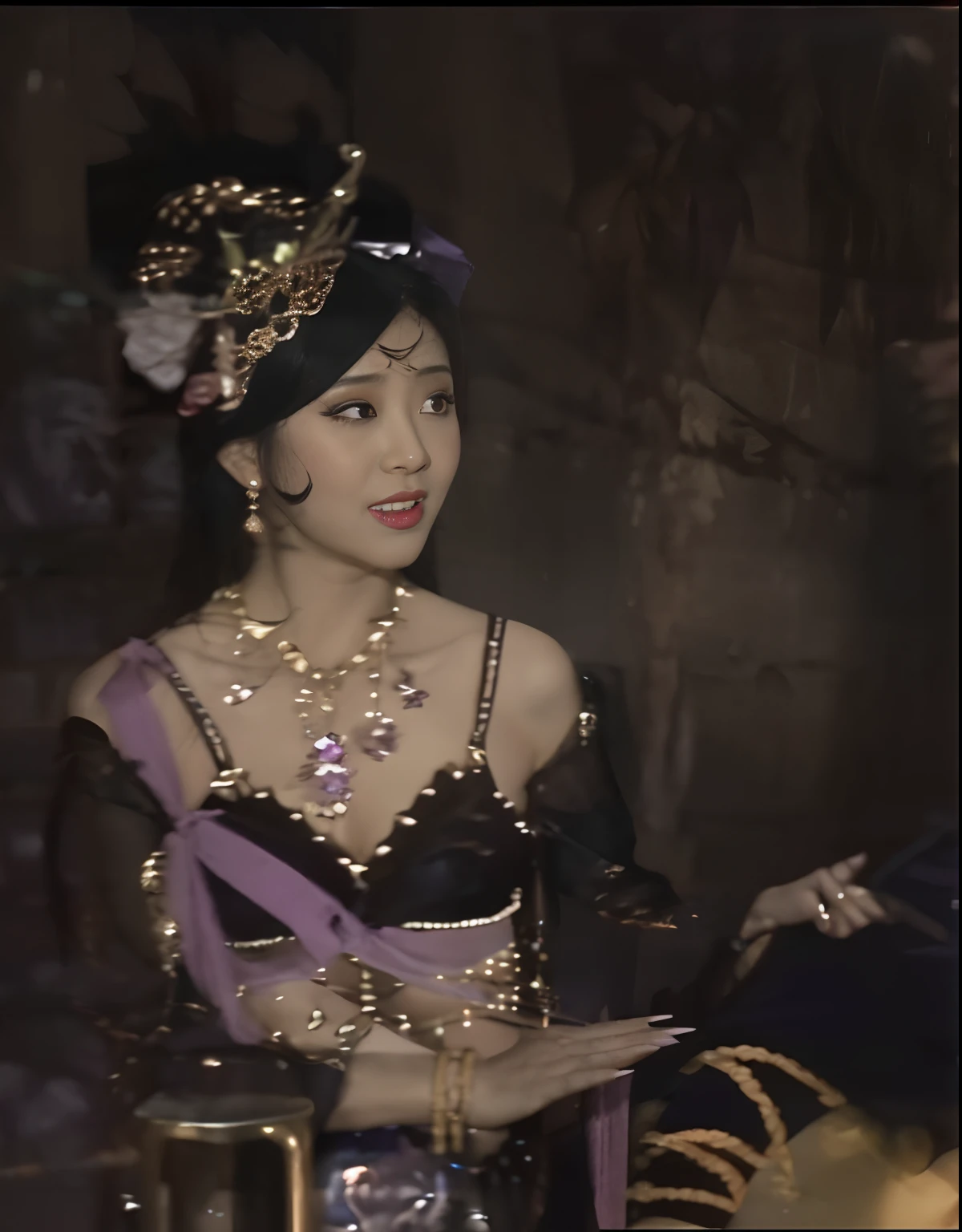 Enchanting witch succubus,Big chest， Slim waist，cropped shoulders，Curved hair on the face，exposed waist，Bare chest，heavy  makeups，Extra-long nails，Wearing a belly dancing bikini，Enchanting and seductive，The expression is flattering，There are purple streamers on the body，Wrist yellow bracelet，Seduce men，Have sex with him。 ￼