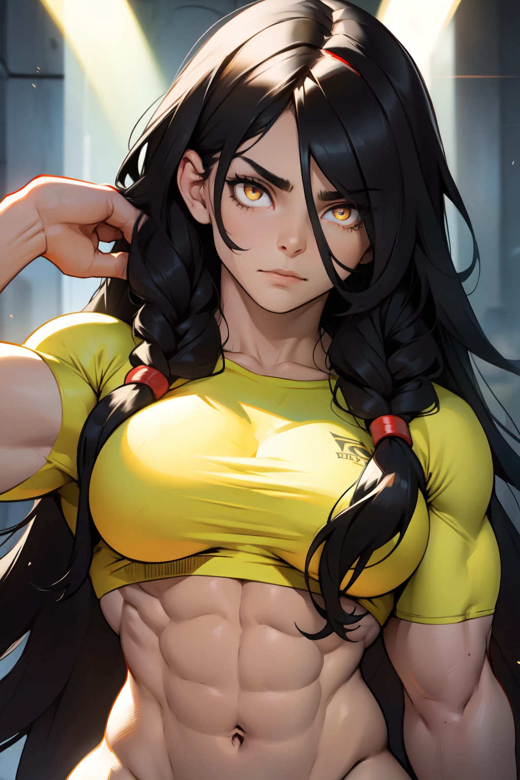 ((1girl bodybuilder shining eyes)) pale skin black hair very long hair yellow eyes large breasts long abs (sad) close up