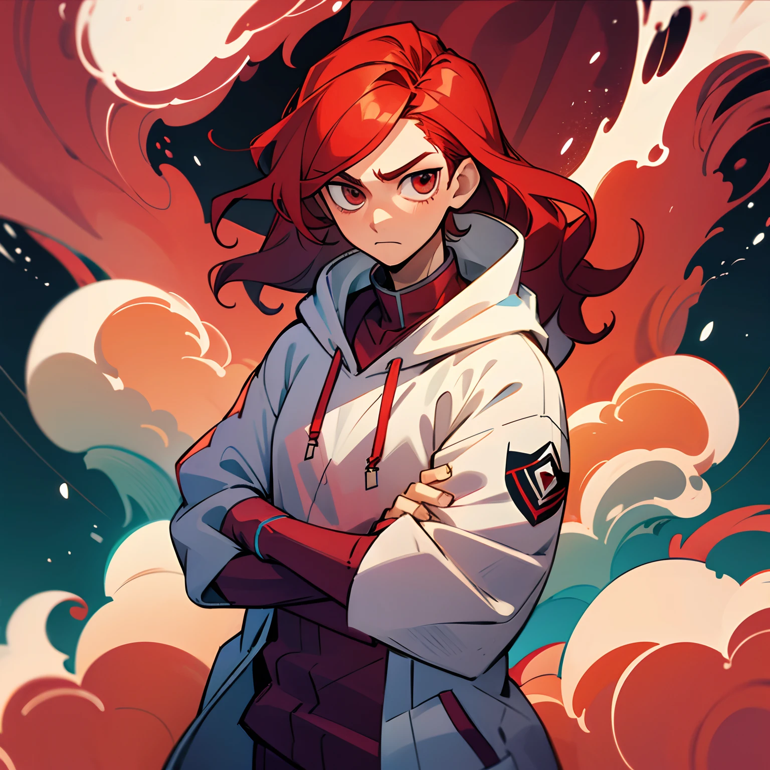 1 boy, ((solo)), teenage boy, long wavy red hair, white hoodie, big body, wine eyes, neutral face expression, ink effects, crossed arms