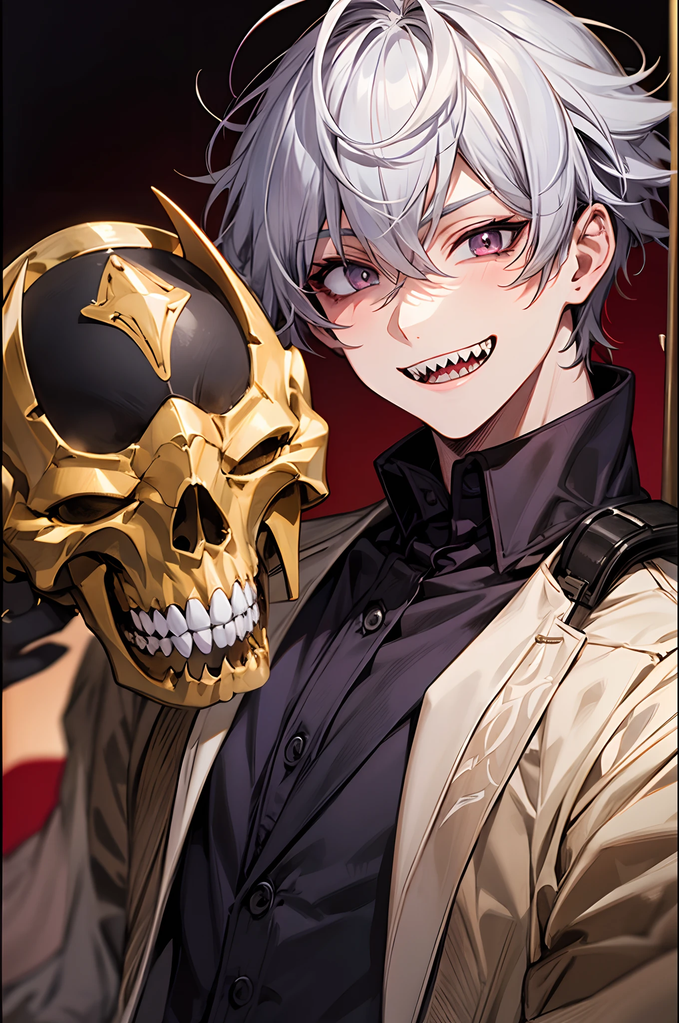 um close up de uma pessoa com um colar de caveira em, Retrato Gapmoe Yandere Grimdark, Gapmoe Yandere Grimdark, Deus masculino bonito da morte, Ainda de anime de TV, estilo de anime madhouse, O Rei da Morte, his head is a skull, hijikata toushirou, Senhor vampiro, he's very menacing and evil, vampiros de anime