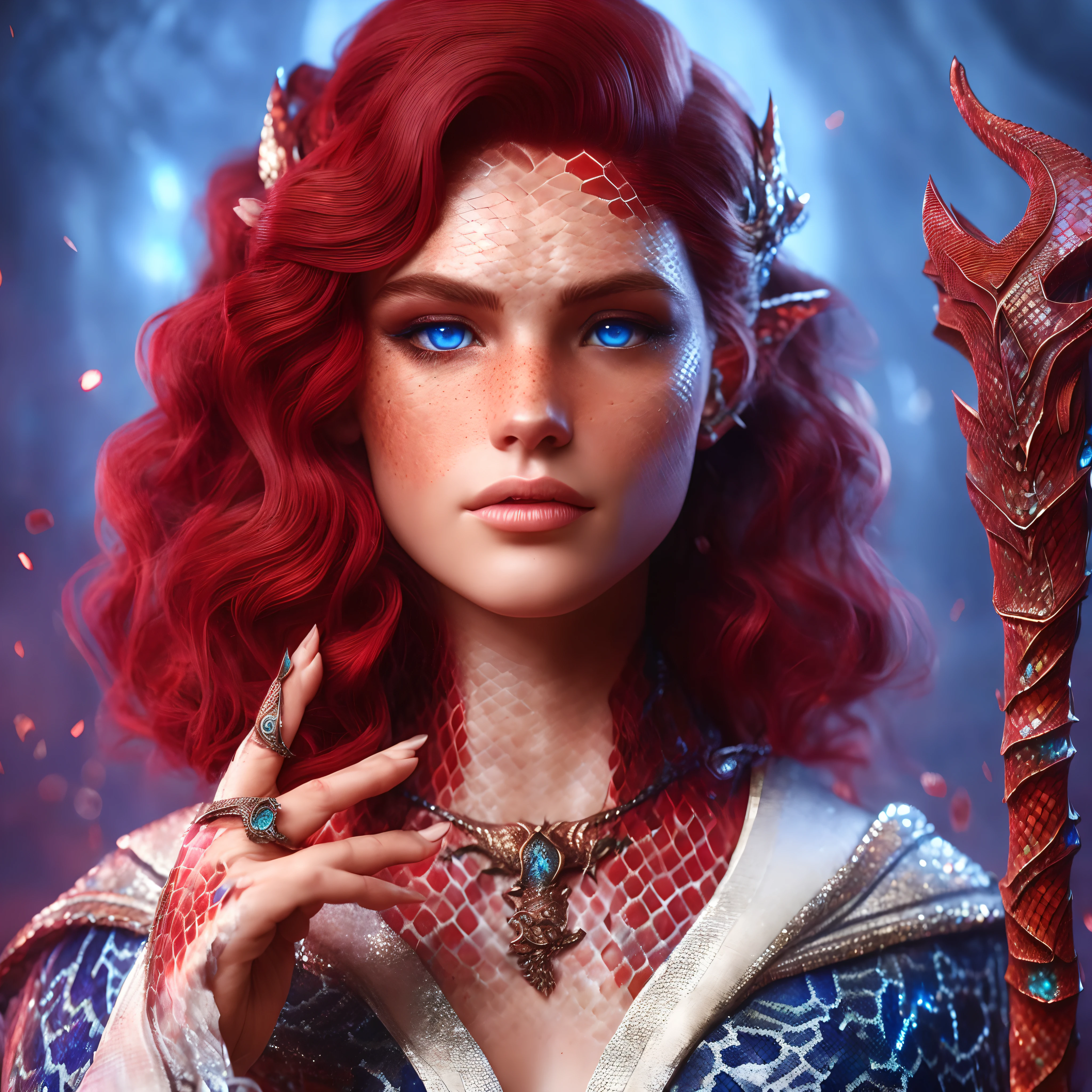 Her red hair falls in waves to her shoulders, His skin displays subtle scales, a result of his draconian ancestry, emitting a discreet glow.  The blue eyes, with serpentine pupils. ((Dragon scales)), ((fish scales)), (Realistic), (8k)