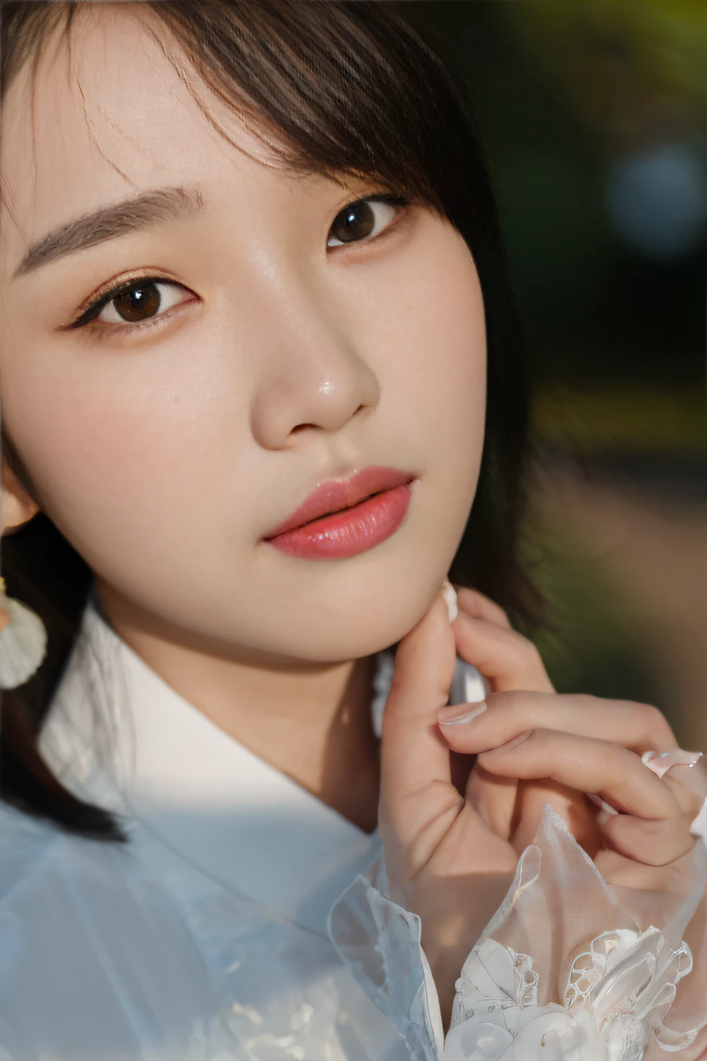 There was a woman standing on the grass, Choi Hyun-hwa, Lee Ji-eun, lee ji eun, shin min jeong, seseon yoon, portrait of female korean idol, sangsoo jeong, sun yunjoo, Kim Tae-joon, park jimin, jaeyeon nam, with short hair, korean artist,output, retinas, tmasterpiece, textureskin, super detailing, high detal, high qulity, best qualtiy, A high resolution, hyper HD, 16k, hyper HD, retinas, Masterpiece, Textured skin, Super detail, High details, High quality, Best quality, A high resolution, 16k,Realisticstyle