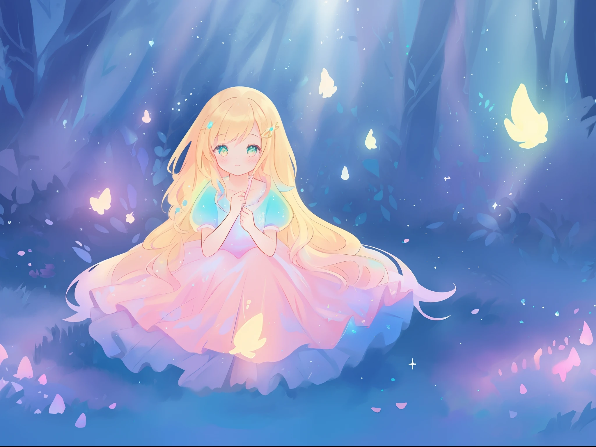 beautiful girl, puffy tiered ballgown, otherworldly forest landscape, vibrant pastel colors, (colorful), glowing golden long hair, magical lights, sparkling magical liquid, inspired by Glen Keane, inspired by Lois van Baarle, disney art style, by Lois van Baarle, glowing aura around her, by Glen Keane, jen bartel, glowing lights! digital painting, flowing glowing hair, glowing flowing hair, beautiful digital illustration, fantasia background, whimsical, magical, fantasy, ((beautiful face)), ((masterpiece, best quality)), intricate details, highly detailed, sharp focus, 8k resolution, sparkling detailed eyes, liquid watercolor