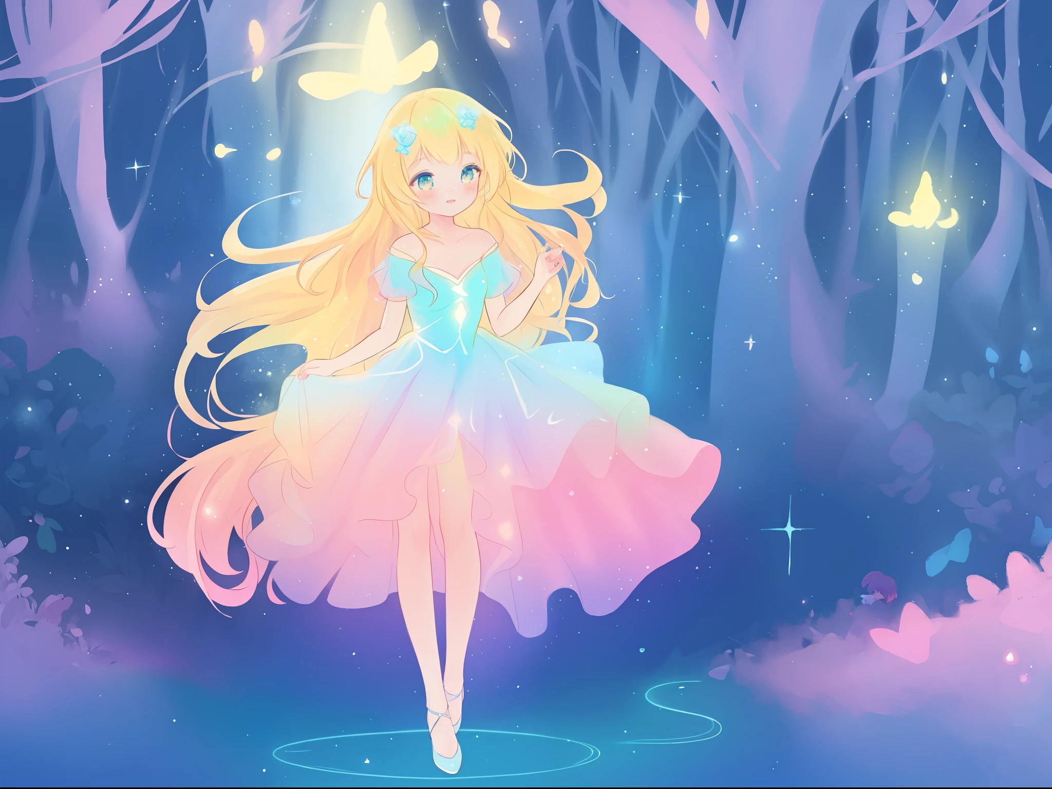 beautiful girl, puffy tiered ballgown, otherworldly forest landscape, vibrant pastel colors, (colorful), glowing golden long hair, magical lights, sparkling magical liquid, inspired by Glen Keane, inspired by Lois van Baarle, disney art style, by Lois van Baarle, glowing aura around her, by Glen Keane, jen bartel, glowing lights! digital painting, flowing glowing hair, glowing flowing hair, beautiful digital illustration, fantasia background, whimsical, magical, fantasy, ((beautiful face)), ((masterpiece, best quality)), intricate details, highly detailed, sharp focus, 8k resolution, sparkling detailed eyes, liquid watercolor