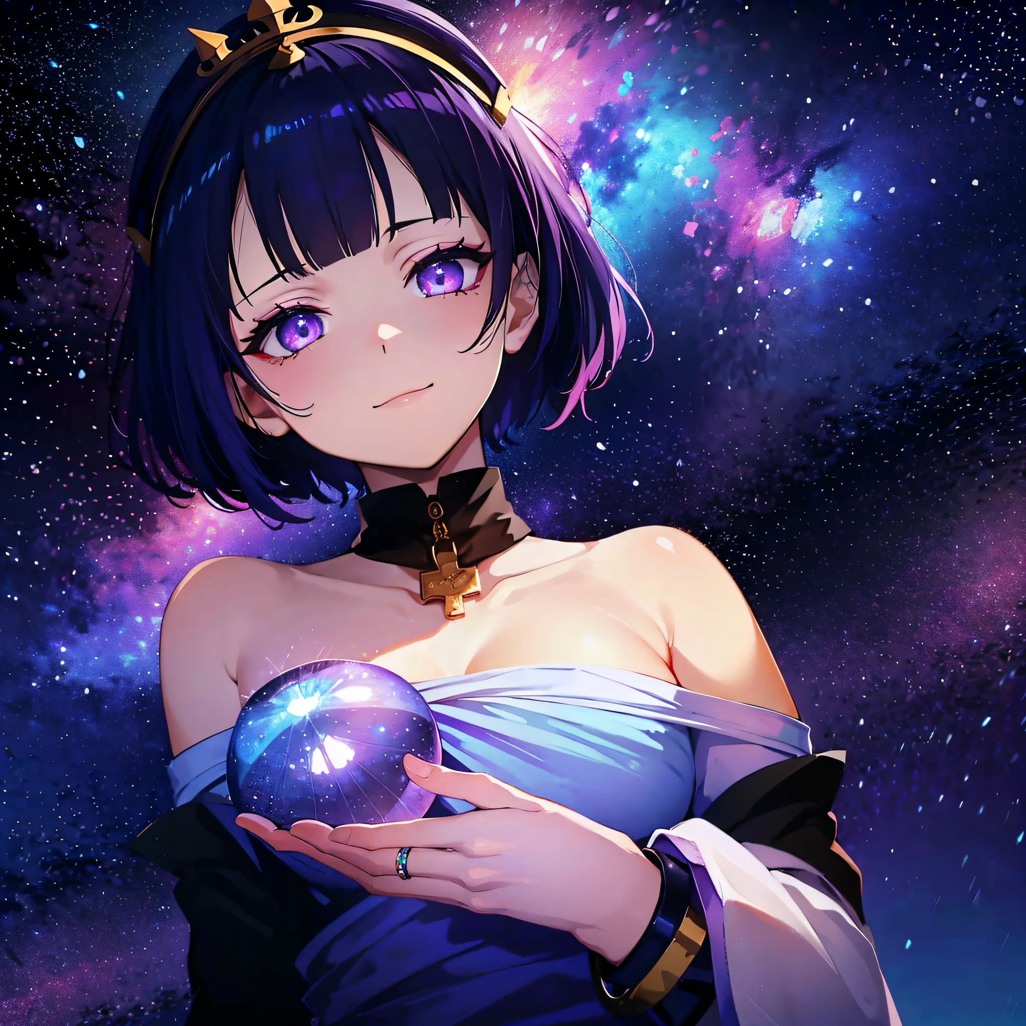 (masutepiece:1.3), (Best Quality:1.3), High resolution, Couboy Shot, on back, Sleeping, (One Cute Girl:1.3), Solo, White skin, tiny chest, huge smile、Circle of Angels、Angel Ring、eight-headed person, Purple hair, (bobhair:1.2), Mixed mesh and light blue、Short hair, (Blunt bangs:1.2), Beautiful hair, Eyes are purple, Beautiful detailed eyes, ultradetailed eyes、Sparkling eyes、octans,cloud,Colorful starry sky,Stars,Iridescent aura around the eyes、Iridescent eyes、Fine eyes to be sucked in,Wearing a rainbow-colored aura from the whole body、purpleish color, Outdoors, Purple background, Shadow lighting,perfectbody