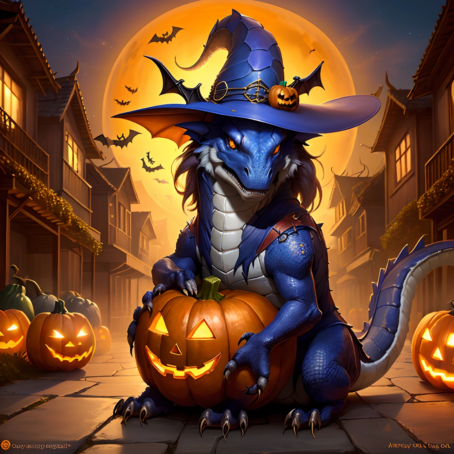 Funny Dragon, alegre,al aire libre,con calabazas de halloween