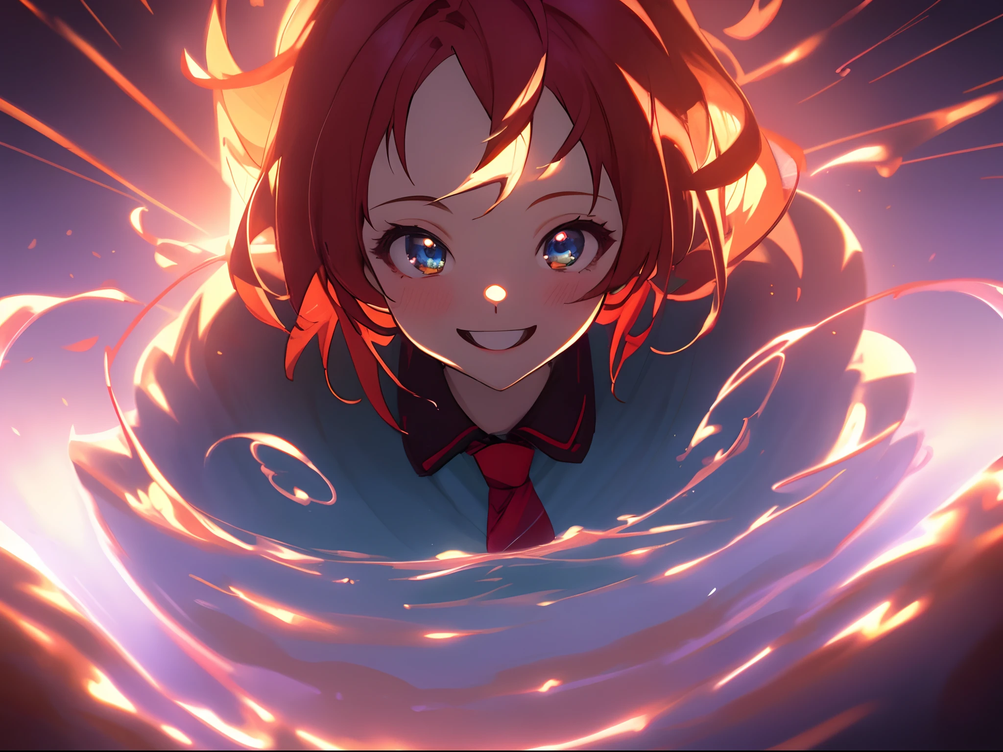 Highly detailed, 8K, masutepiece, 1girl in, Red tie_hair, Dress , Crazy_Smile, (Perfect_Face), Detailed_Background, full_Body, bloom,(Beautiful lighting:1.3), Caustics, Dynamic lighting, from a_Below