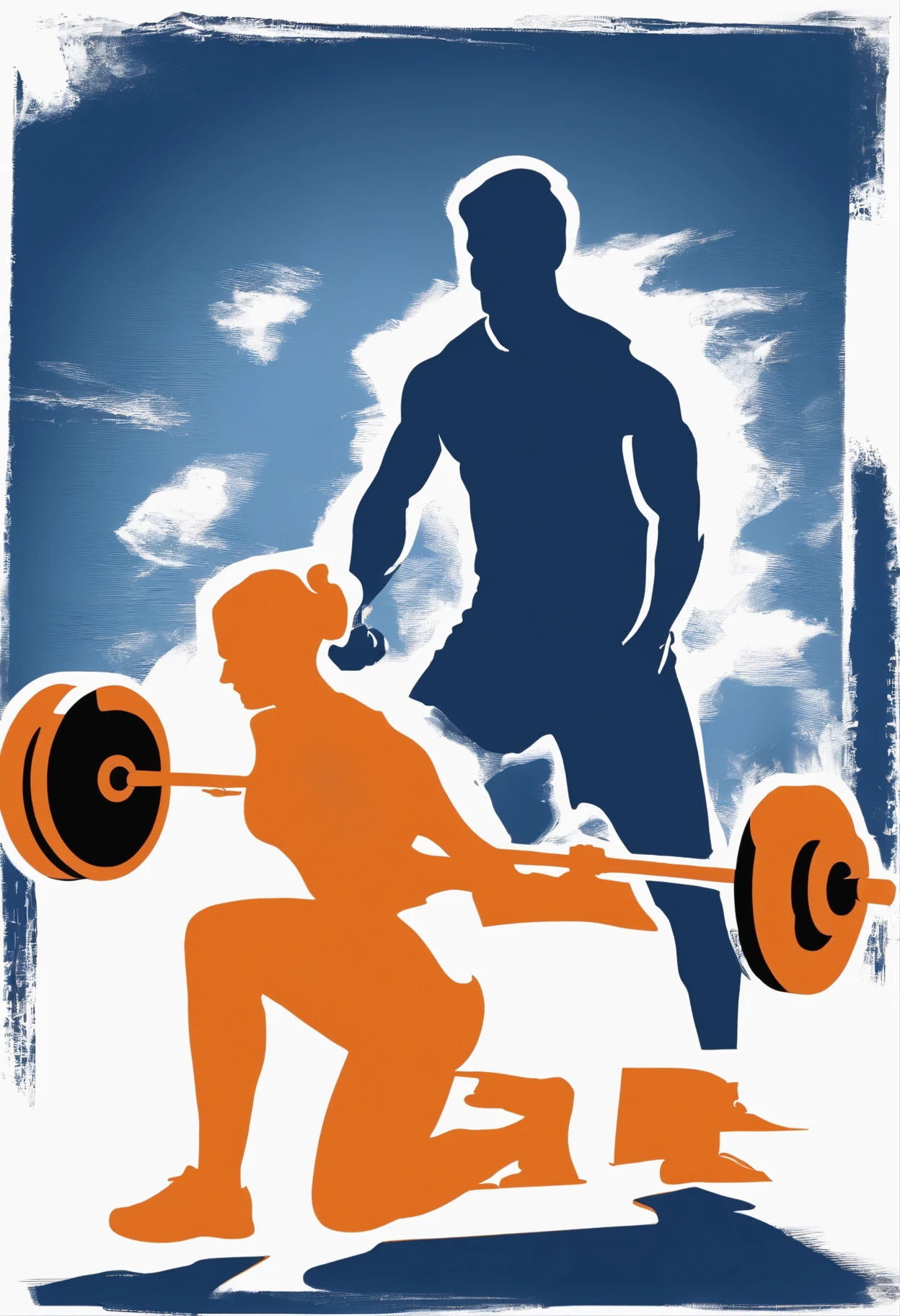 A silhouette lifting weights in dark blue next to an open book in orange. This design highlights the personal trainer's focus on continuing and technical education.