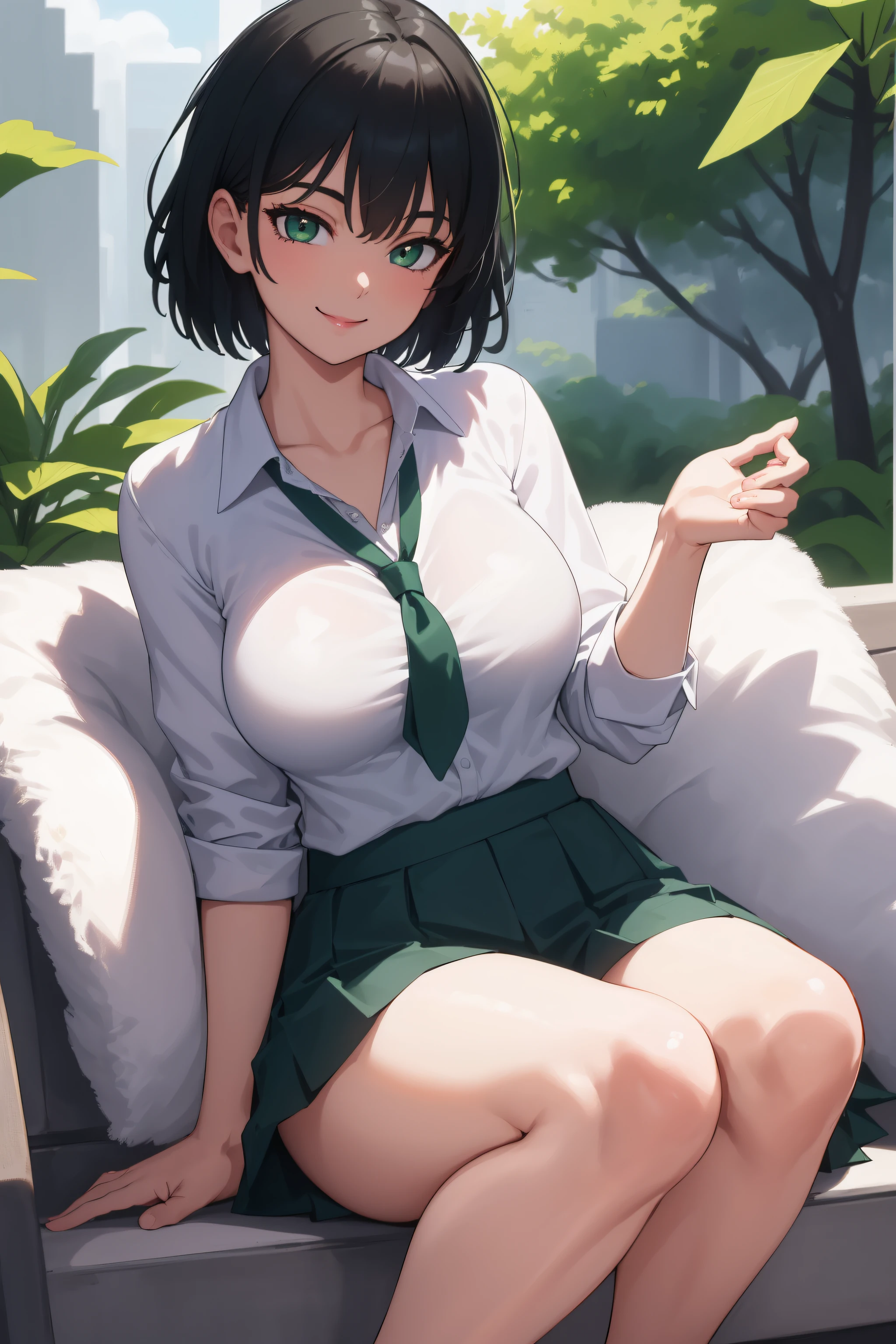 Anime girl sitting on a couch with a green tie and white shirt - SeaArt AI