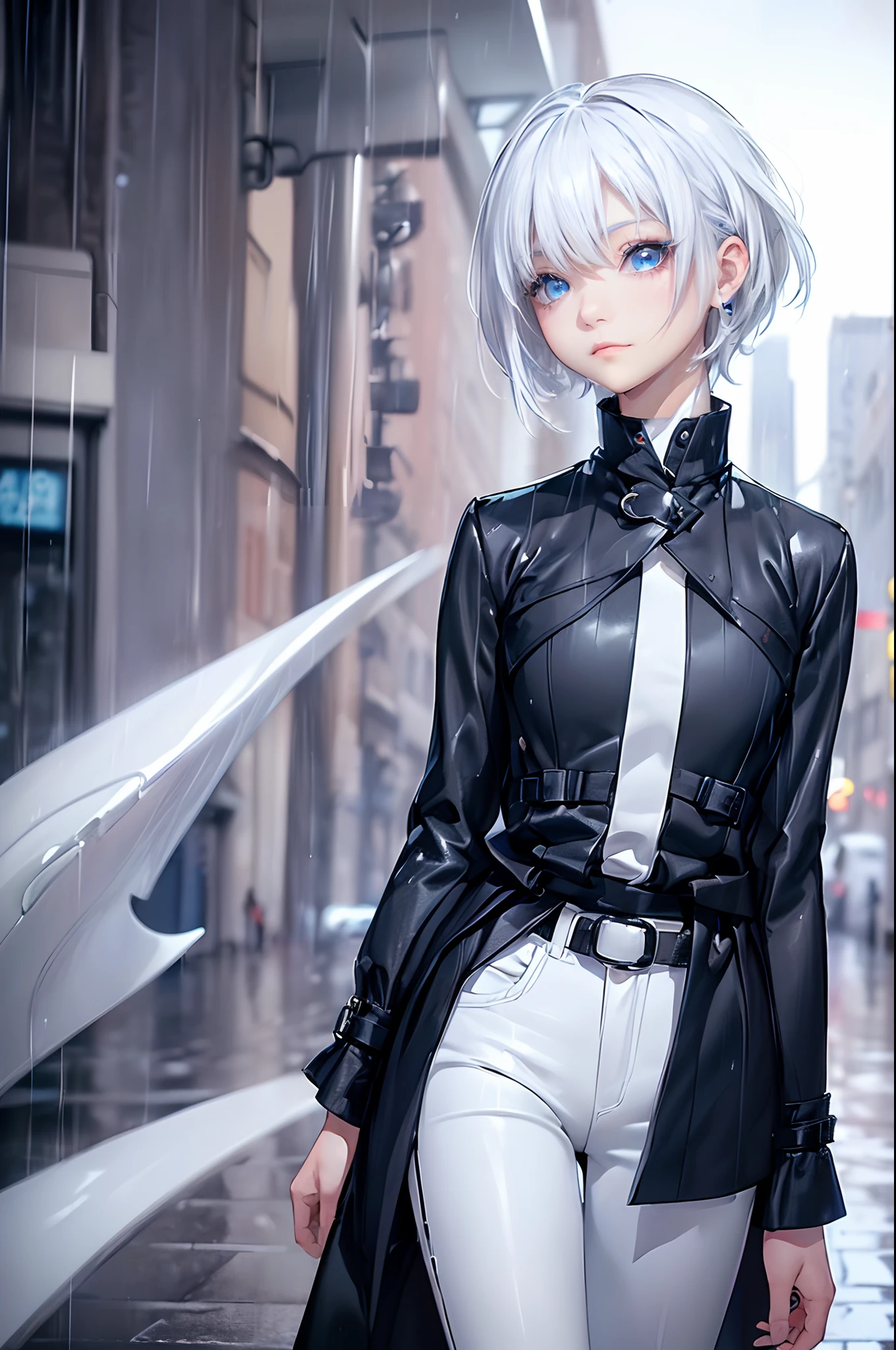 ((4K works))、​masterpiece、(top-quality)、1 beutiful girl、Slim body、tall、((Black Y-shirt and white pants、Charming street style))、Please wear one jacket、Wearing a hood、(Detailed beautiful eyes)、Morning City、((Rainy city))、Fashionable city with morning rain、During the walk、((Face similar to Carly Rae Jepsen))、((Short-haired white hair))、((Smaller face))、((Neutral face))、((Bright blue eyes))、((American adult women))、((Adult female 26 years old))、((cool lady))、((Like a celebrity))、((Lonely look))、((Korean Makeup))、((elongated and sharp eyes))、((Happy dating))、((boyish))、((Upper body photography))、Professional Photos、((Model photo))、((Shot alone))、((She's under the roof))、((Looking up at the sky))、((photographed from the back))、((She is facing upwards))、((Her eyes are looking upwards))、((Increase the angle of the face))、((She walking in front of the viewer))