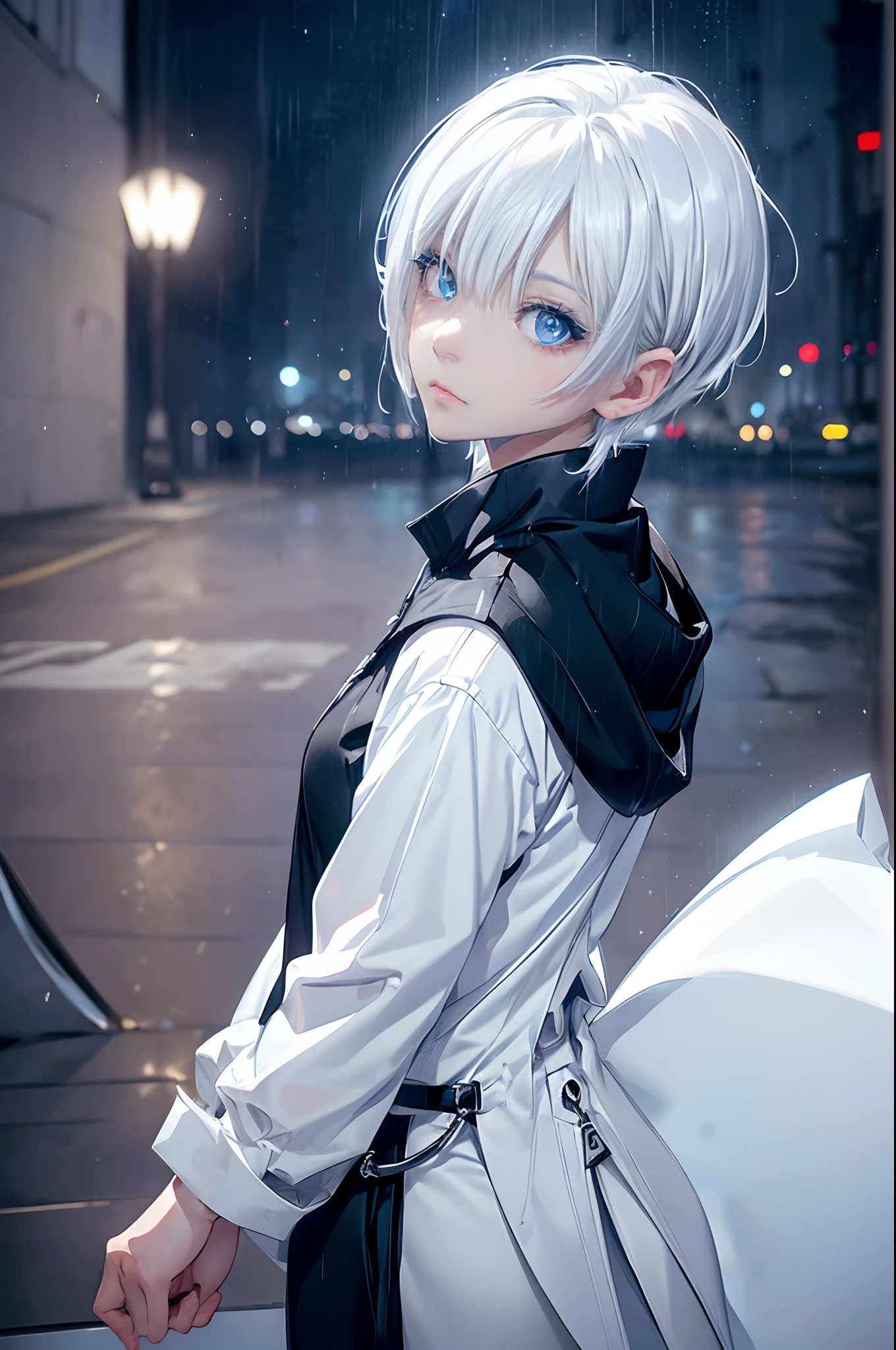 ((4K works))、​masterpiece、(top-quality)、1 beutiful girl、Slim body、tall、((Black Y-shirt and white pants、Charming street style))、Please wear one jacket、Wearing a hood、(Detailed beautiful eyes)、Morning City、((Rainy city))、Fashionable city with morning rain、During the walk、((Face similar to Carly Rae Jepsen))、((Short-haired white hair))、((Smaller face))、((Neutral face))、((Bright blue eyes))、((American adult women))、((Adult female 26 years old))、((cool lady))、((Like a celebrity))、((Lonely look))、((Korean Makeup))、((elongated and sharp eyes))、((Happy dating))、((boyish))、((Upper body photography))、Professional Photos、((Model photo))、((Shot alone))、((She's under the roof))、((Looking up at the sky))、((photographed from the back))、((She is facing upwards))、((Her eyes are looking upwards))、((Increase the angle of the face))、((She walking in front of the viewer))