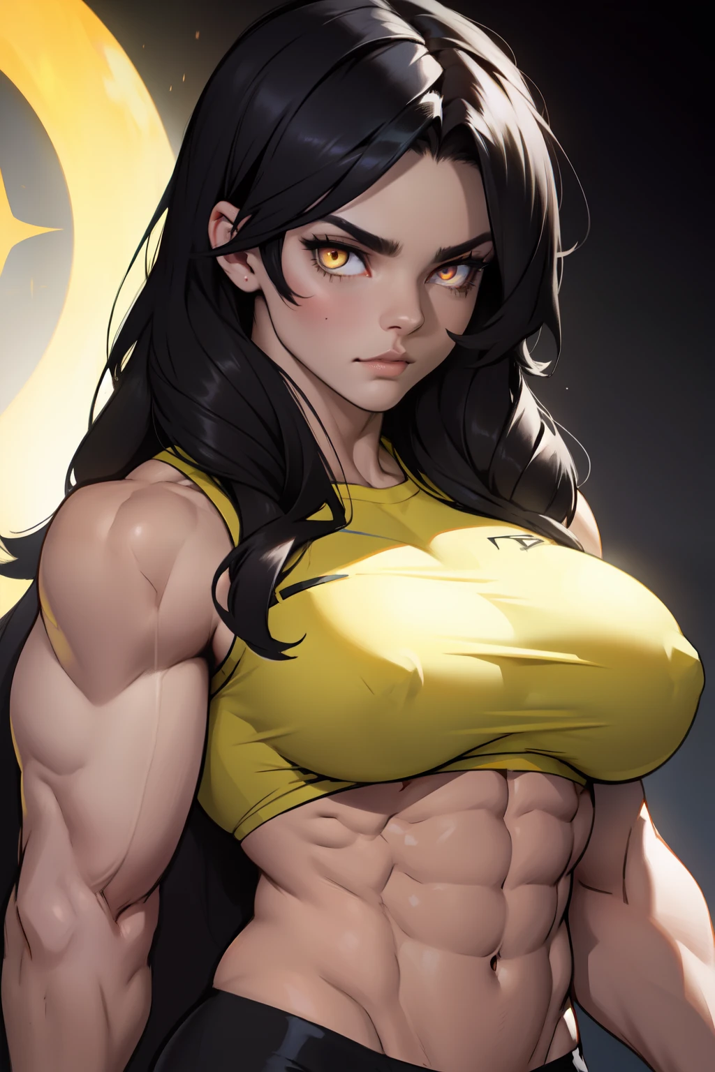 ((1girl bodybuilder shining eyes)) seductive expression pale skin black hair very long hair yellow eyes large breasts long abs close up