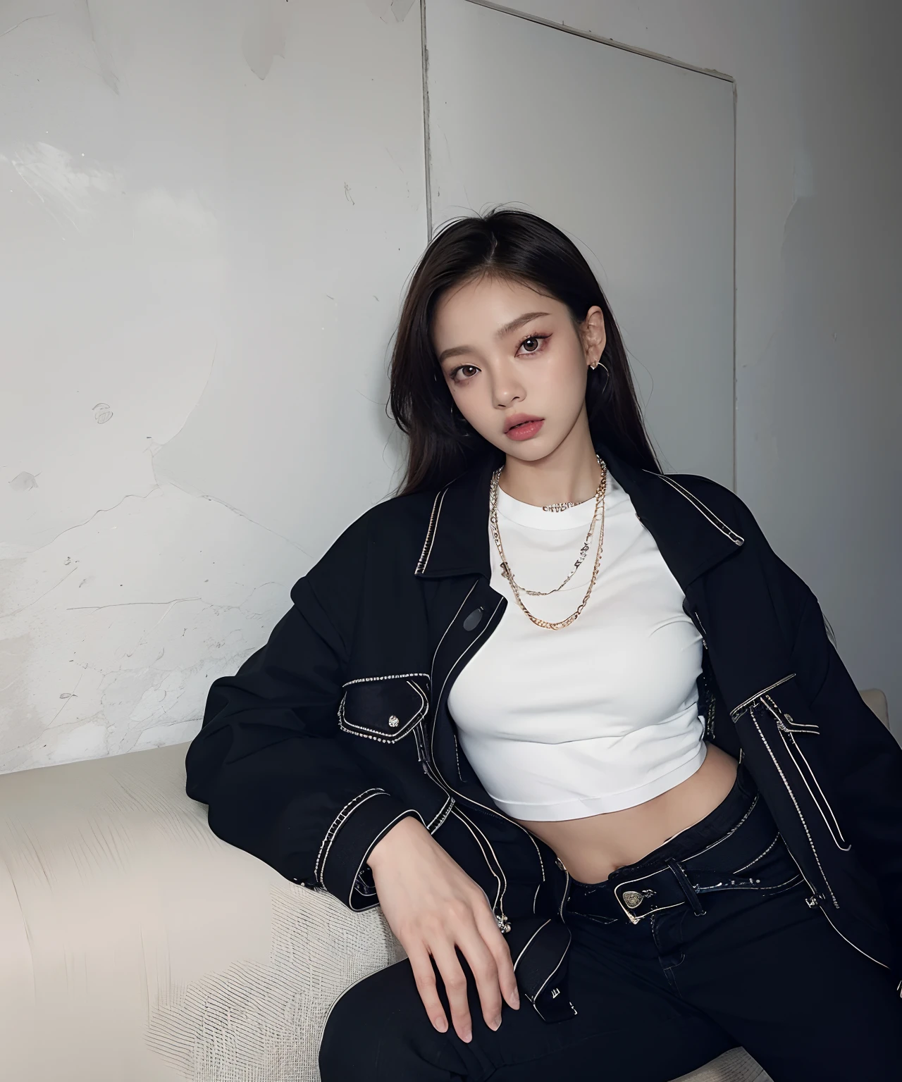 Arafed woman sitting on a sofa wearing a white shirt and black jacket, jennie blackpink, Camisa cropped com jaqueta, she is wearing streetwear, jossi do blackpink, gemma chen, Ulzzang, imagem vazada, Gongbi, young asian girl, Retrato de Jossi de Blackpink, Xision Wu, Parque Roseanne do Blackpink, com corte rasgado t - camisa