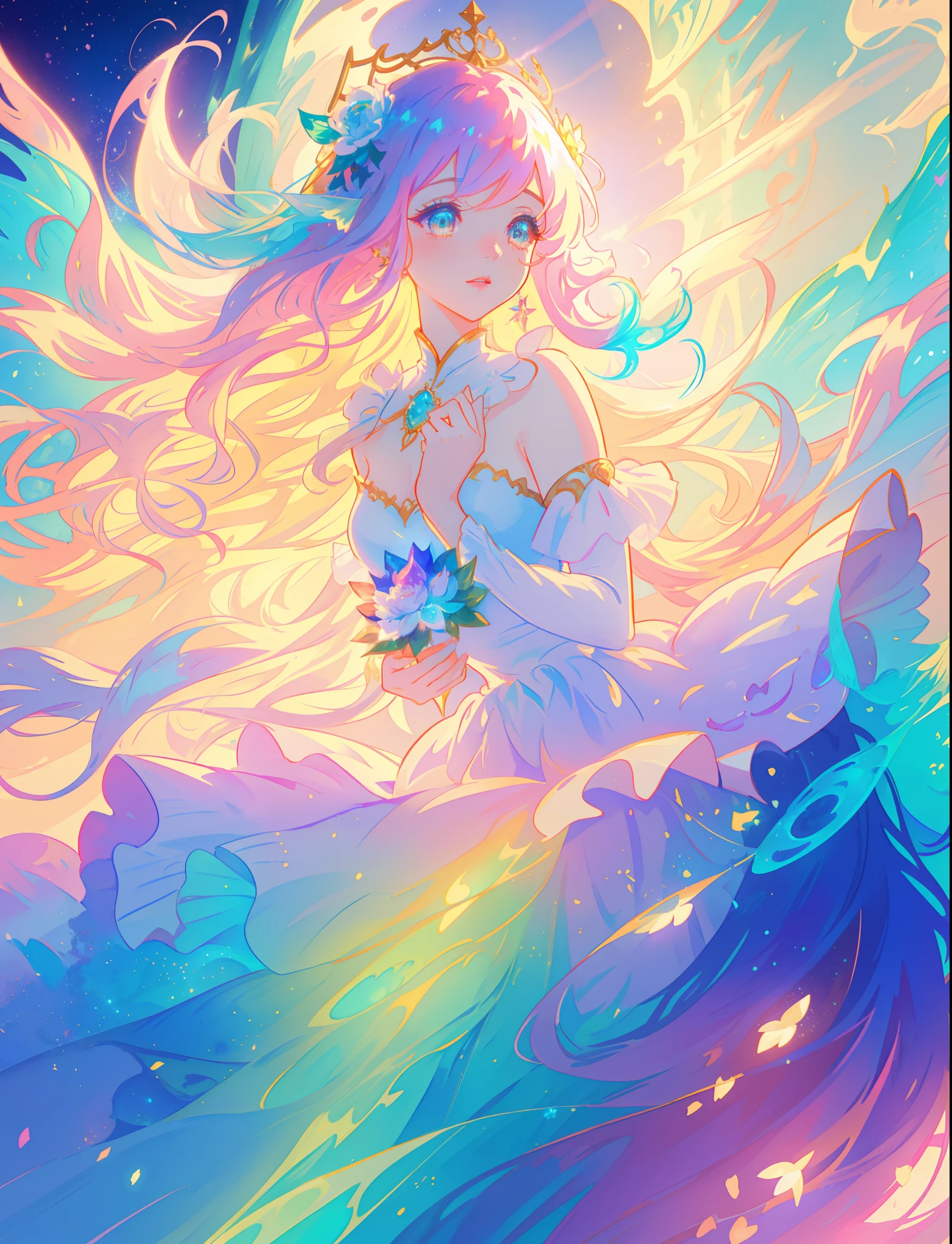 beautiful girl, puffy tiered flower fairy ballgown dress, vibrant pastel colors, (colorful), glowing golden long hair, magical lights, sparkling magical liquid, inspired by Glen Keane, inspired by Lois van Baarle, disney art style, by Lois van Baarle, glowing aura around her, by Glen Keane, jen bartel, glowing lights! digital painting, flowing glowing hair, glowing flowing hair, beautiful digital illustration, fantasia background, whimsical, magical, fantasy, ((beautiful face)), ((masterpiece, best quality)), intricate details, highly detailed, sharp focus, 8k resolution, sparkling detailed eyes, liquid watercolor