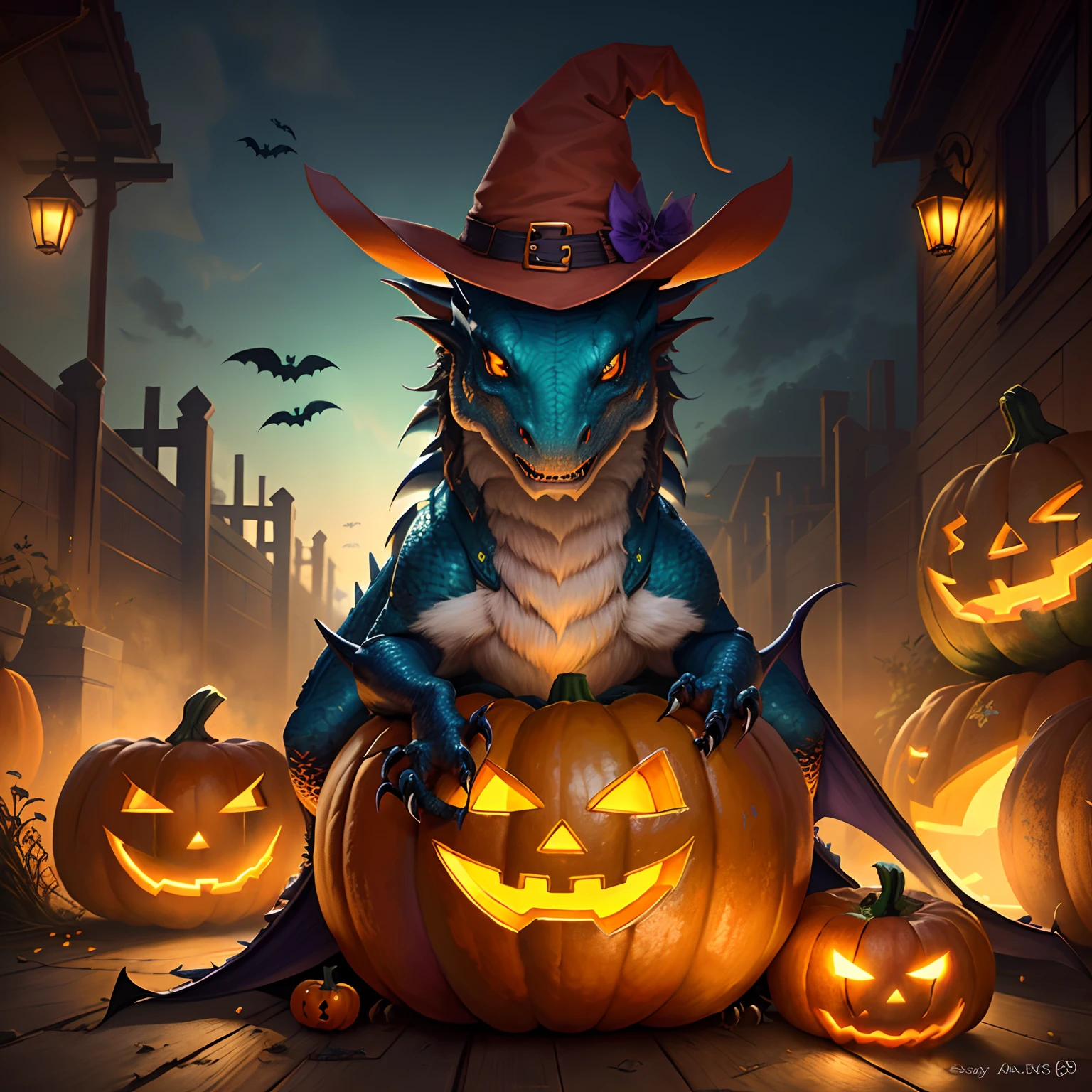 Funny Dragon, alegre,al aire libre,con calabazas de halloween