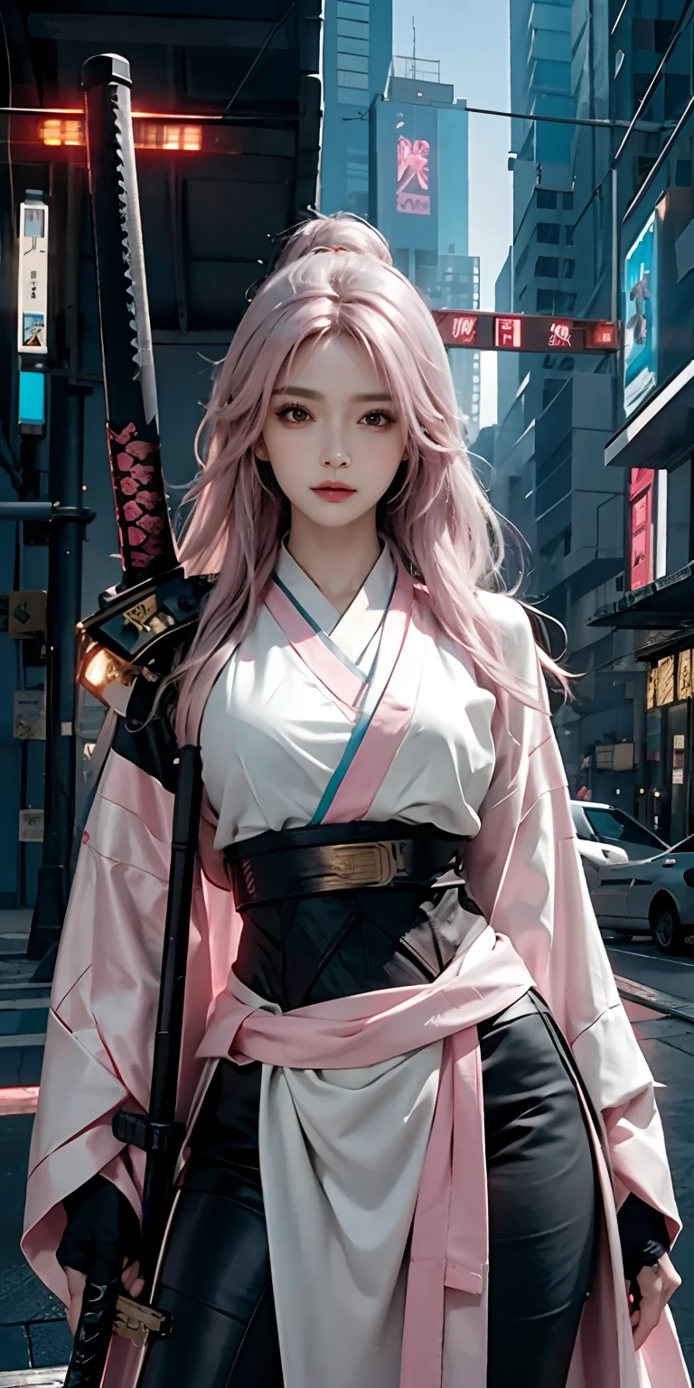 photorealistic, high resolution, soft light,1women, solo, hips up, (detailed face), pink long hair, cybersamurai, cyborg, cyberpunk, cyber armor, holding weapon,glowing,gun, on the street , kimono , katana