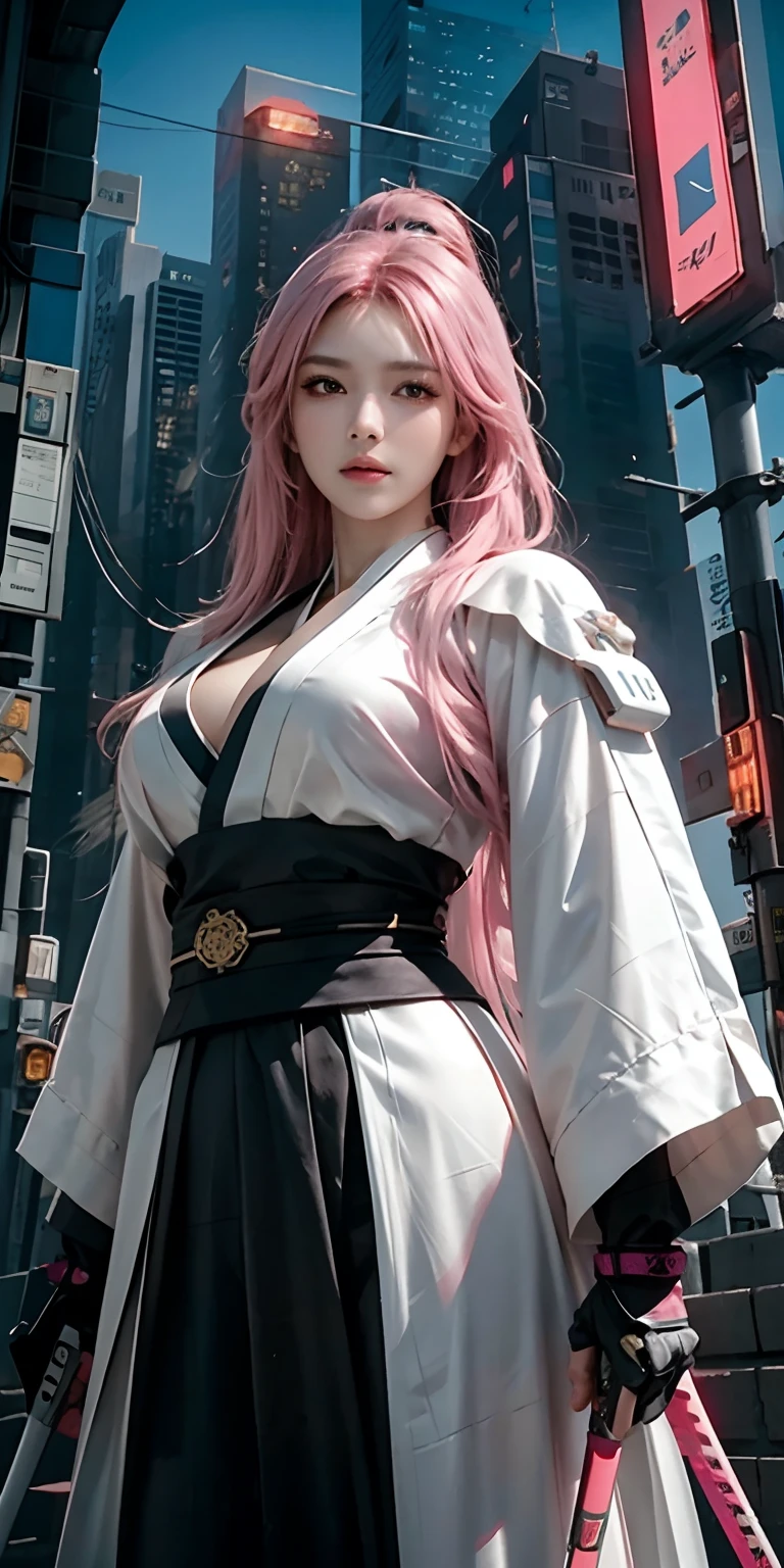 photorealistic, high resolution, soft light,1women, solo, hips up, (detailed face), pink long hair, cybersamurai, cyborg, cyberpunk, cyber armor, holding weapon,glowing,gun, on the street , kimono , katana