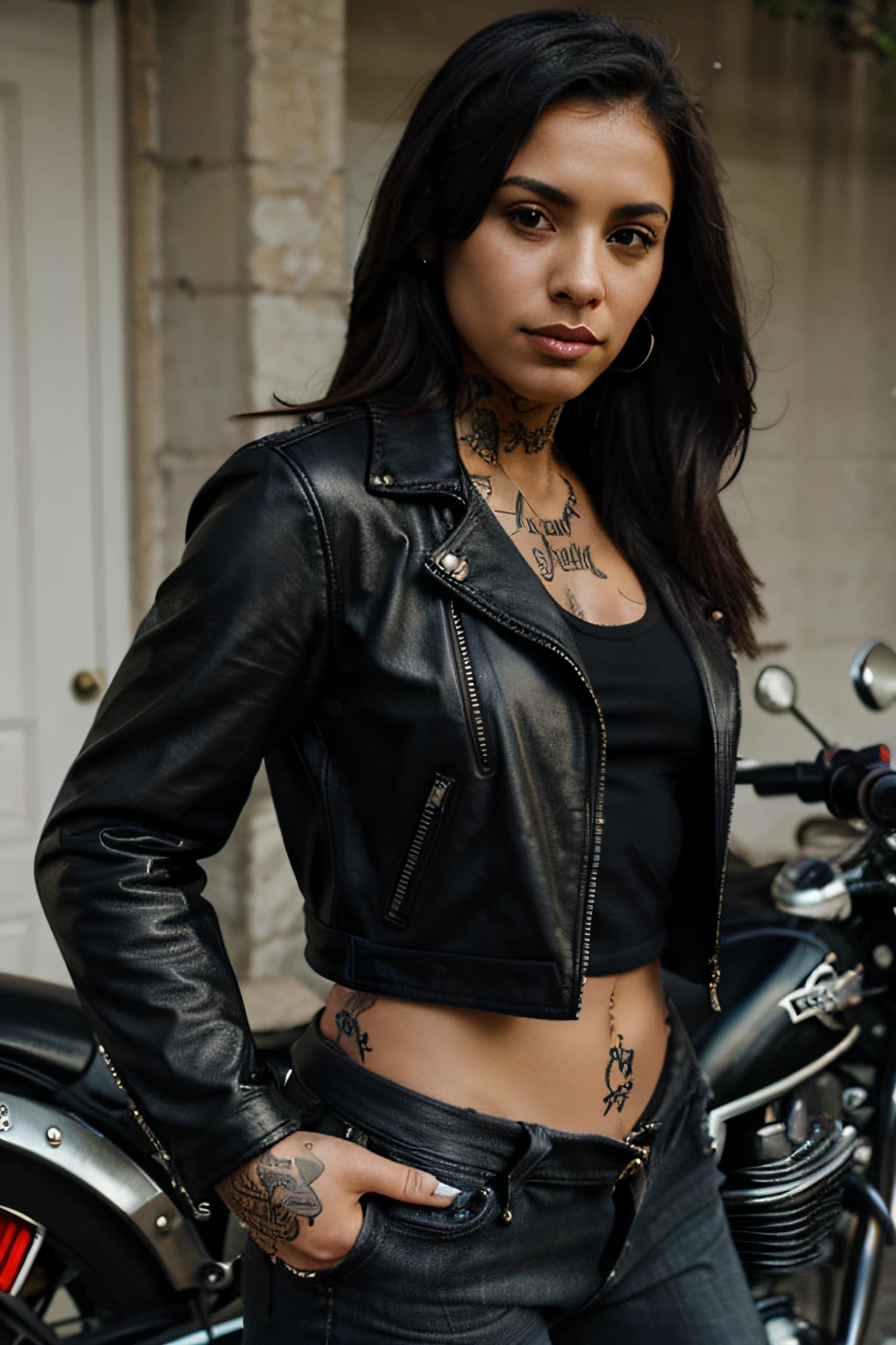 Latina biker woman with tattoes, Leather jacket, a tank top and a knife in one hand