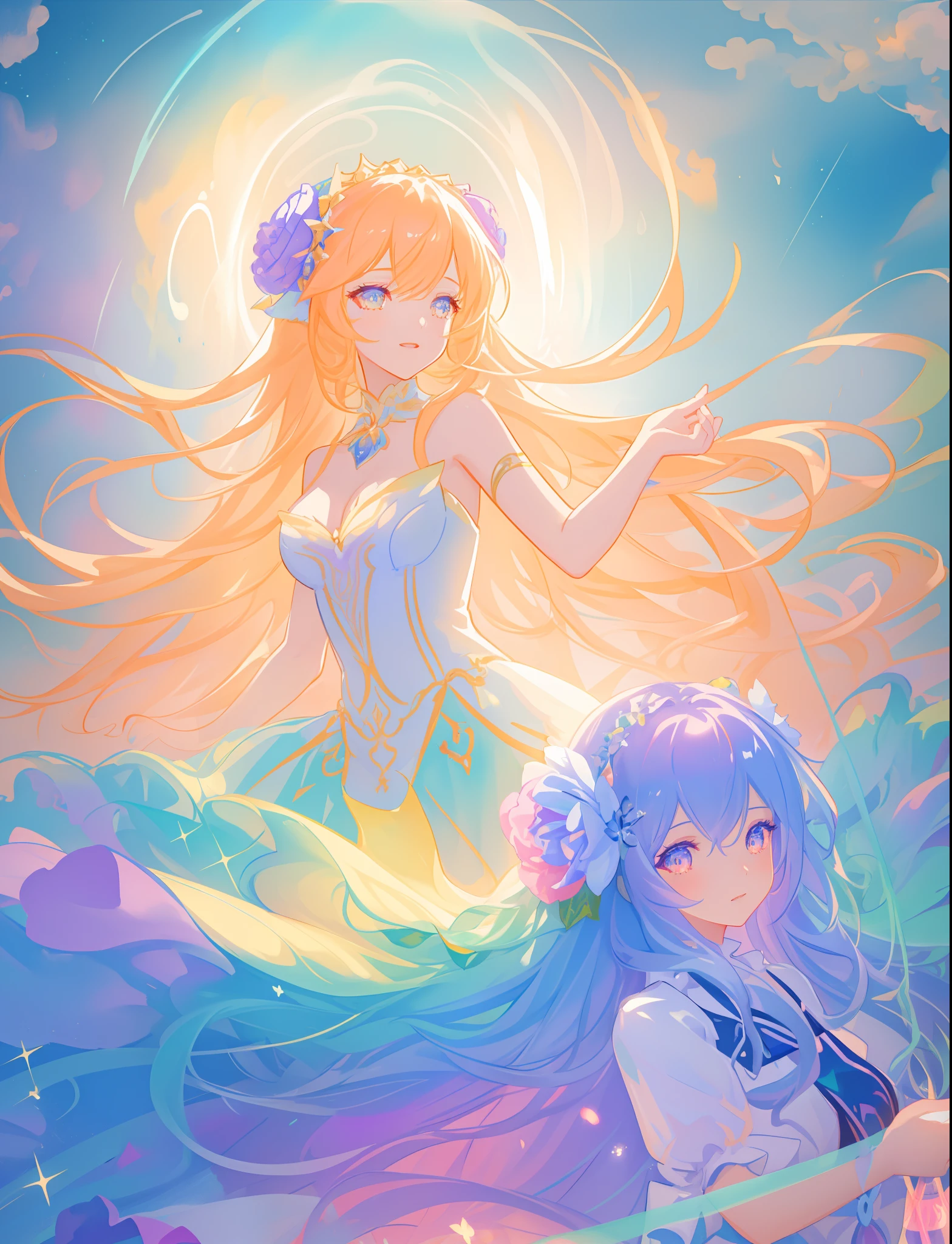beautiful girl, puffy tiered flower fairy ballgown dress, vibrant pastel colors, (colorful), glowing golden long hair, magical lights, sparkling magical liquid, inspired by Glen Keane, inspired by Lois van Baarle, disney art style, by Lois van Baarle, glowing aura around her, by Glen Keane, jen bartel, glowing lights! digital painting, flowing glowing hair, glowing flowing hair, beautiful digital illustration, fantasia background, whimsical, magical, fantasy, ((beautiful face)), ((masterpiece, best quality)), intricate details, highly detailed, sharp focus, 8k resolution, sparkling detailed eyes, liquid watercolor