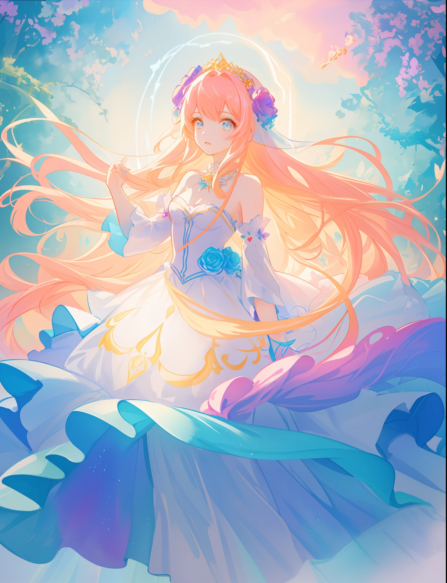 beautiful girl, puffy tiered flower fairy ballgown dress, vibrant pastel colors, (colorful), glowing golden long hair, magical lights, sparkling magical liquid, inspired by Glen Keane, inspired by Lois van Baarle, disney art style, by Lois van Baarle, glowing aura around her, by Glen Keane, jen bartel, glowing lights! digital painting, flowing glowing hair, glowing flowing hair, beautiful digital illustration, fantasia background, whimsical, magical, fantasy, ((beautiful face)), ((masterpiece, best quality)), intricate details, highly detailed, sharp focus, 8k resolution, sparkling detailed eyes, liquid watercolor