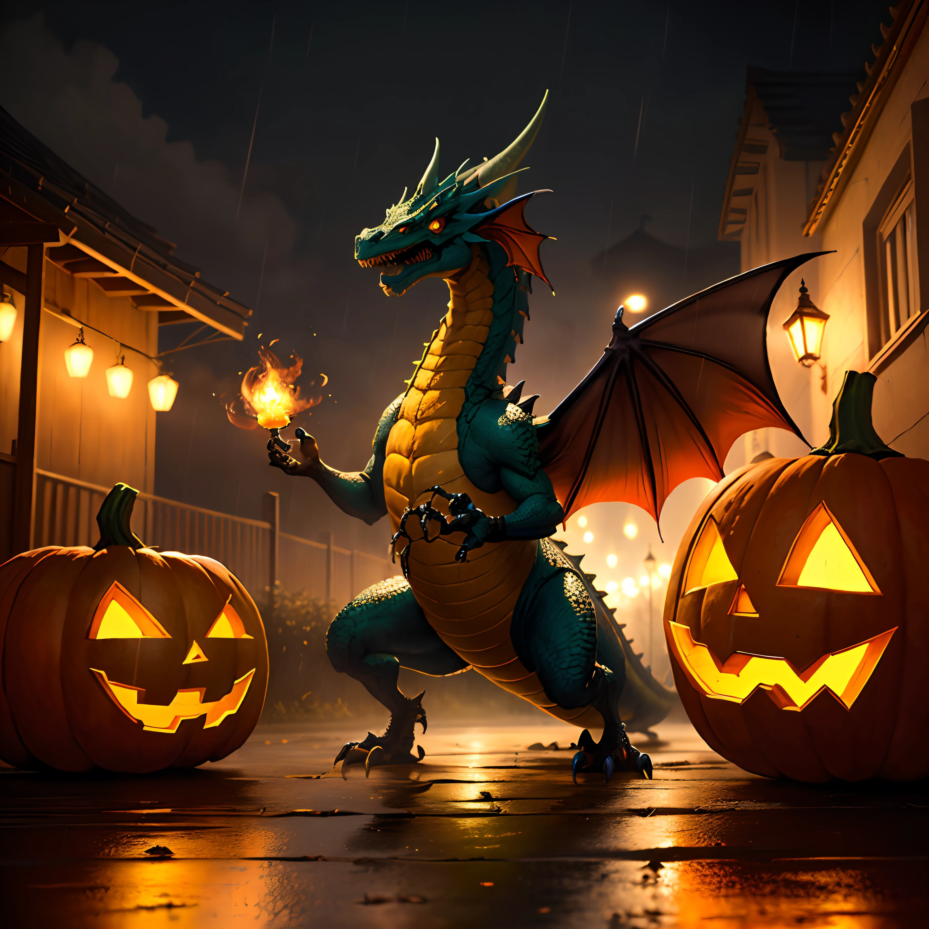Funny Dragon, al aire libre con fuego de fondo, lluvia de calabazas de hallowen