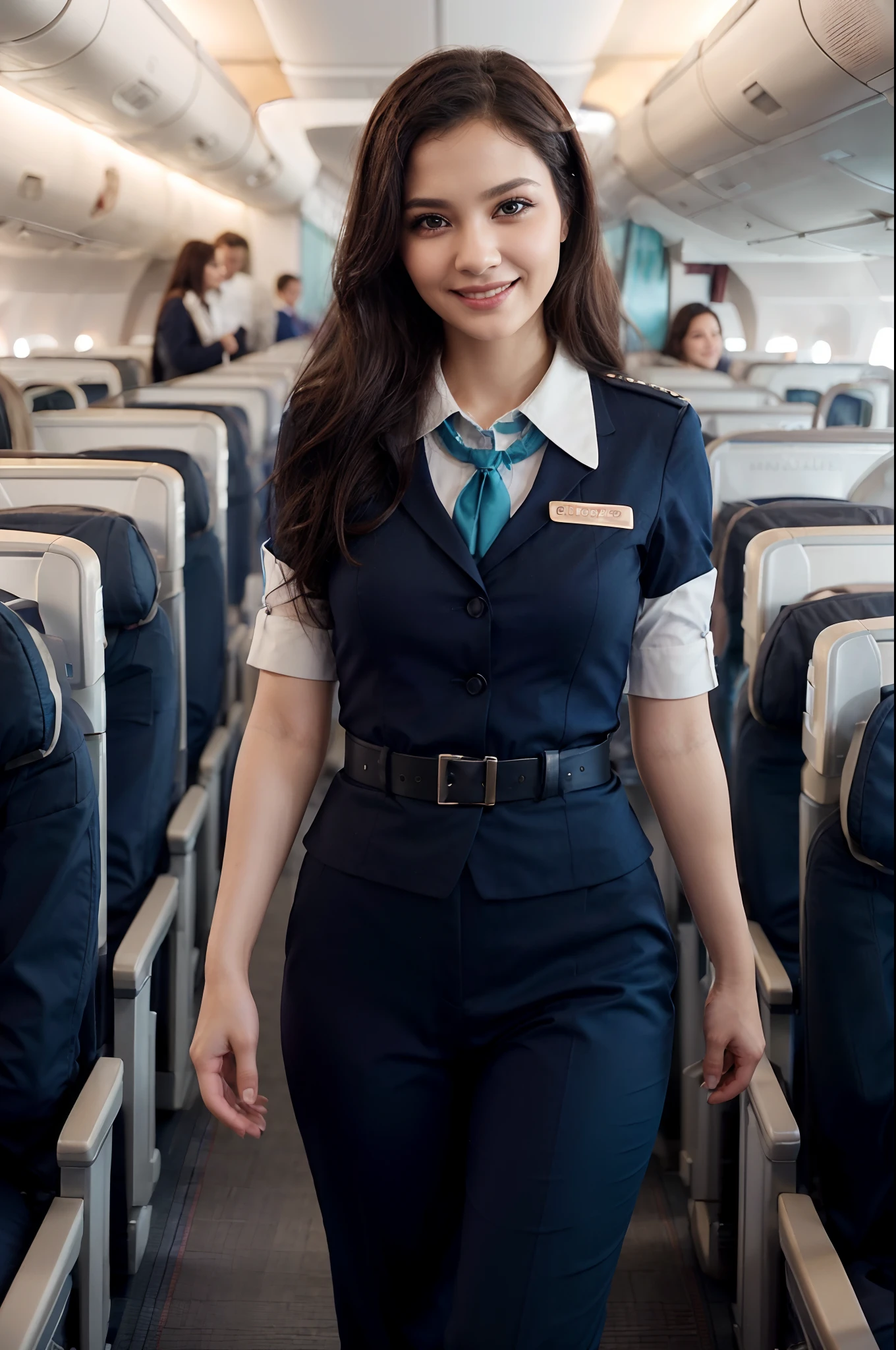 1 Moroccan woman face, 30 years、hyperdetailed face、Detailed lips、A detailed eye、double eyelid、(Black bob hair、Smiling while walking gracefully down the aisle)、(Stewardess turquoise uniform:1.2)、(Glamorous body), pants, Perfect fit, Perfect image realism, Background with: ( Blue seats 6 seats configuration Business Class aisle on airplanes:1.3), Cowboy Shot, Meticulous background, detailed costume, Perfect litthing、Hyper-Realism、(Photorealsitic:1.4)、8K maximum resolution, (​masterpiece), ighly detailed, Professional