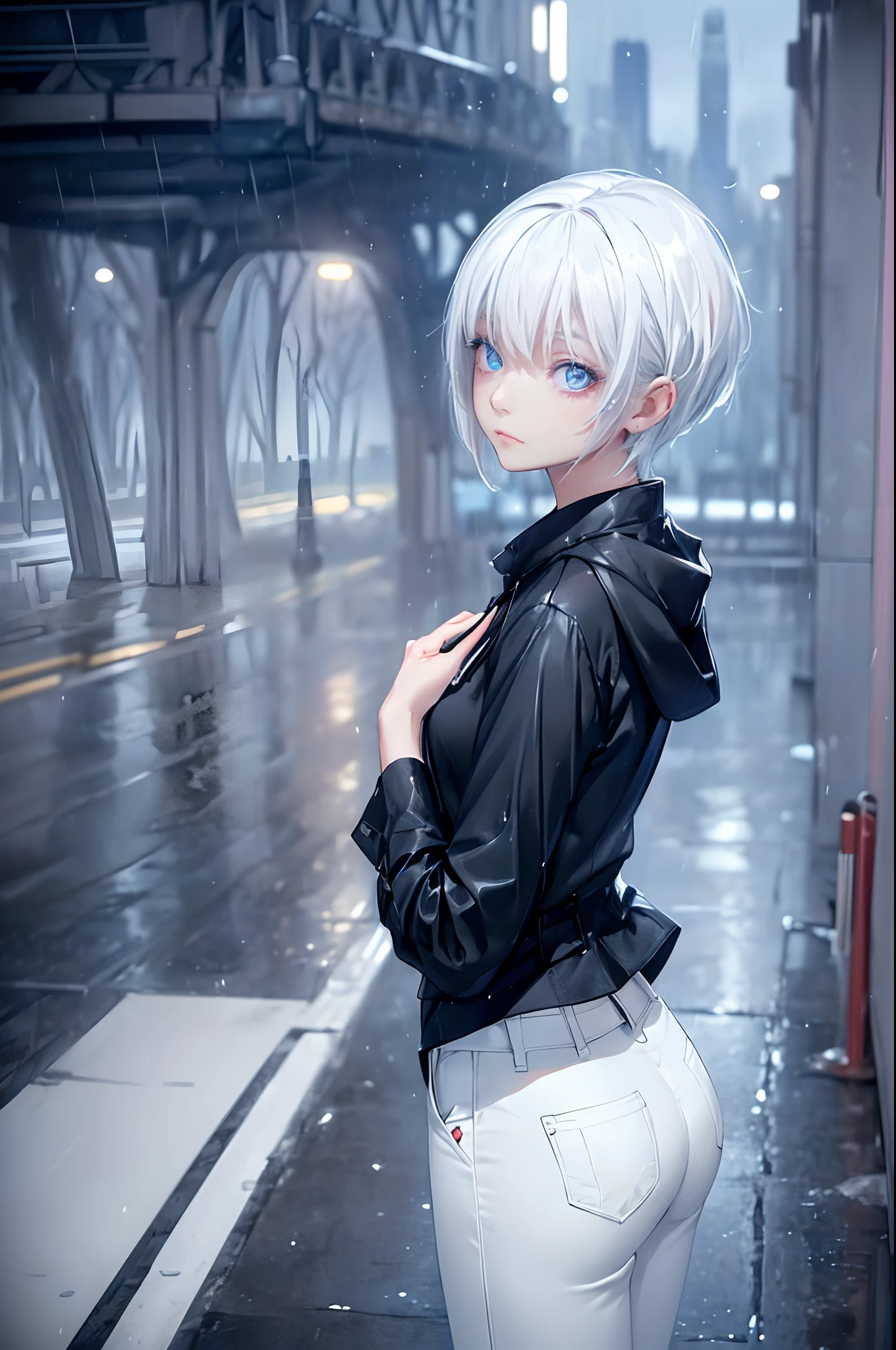 ((4K works))、​masterpiece、(top-quality)、1 beutiful girl、Slim body、tall、((Black Y-shirt and white pants、Charming street style))、Please wear one jacket、Wearing a hood、(Detailed beautiful eyes)、Morning City、((Rainy city))、Fashionable city with morning rain、During the walk、((Face similar to Carly Rae Jepsen))、((Short-haired white hair))、((Smaller face))、((Neutral face))、((Bright blue eyes))、((American adult women))、((Adult female 26 years old))、((cool lady))、((Like a celebrity))、((Lonely look))、((Korean Makeup))、((elongated and sharp eyes))、((Happy dating))、((boyish))、((Upper body photography))、Professional Photos、((Model photo))、((Shot alone))、((She's under the roof))、((Looking up at the sky))、((photographed from the back))、((She is facing upwards))、((Her eyes are looking upwards))、((Increase the angle of the face))、((She walking in front of the viewer))