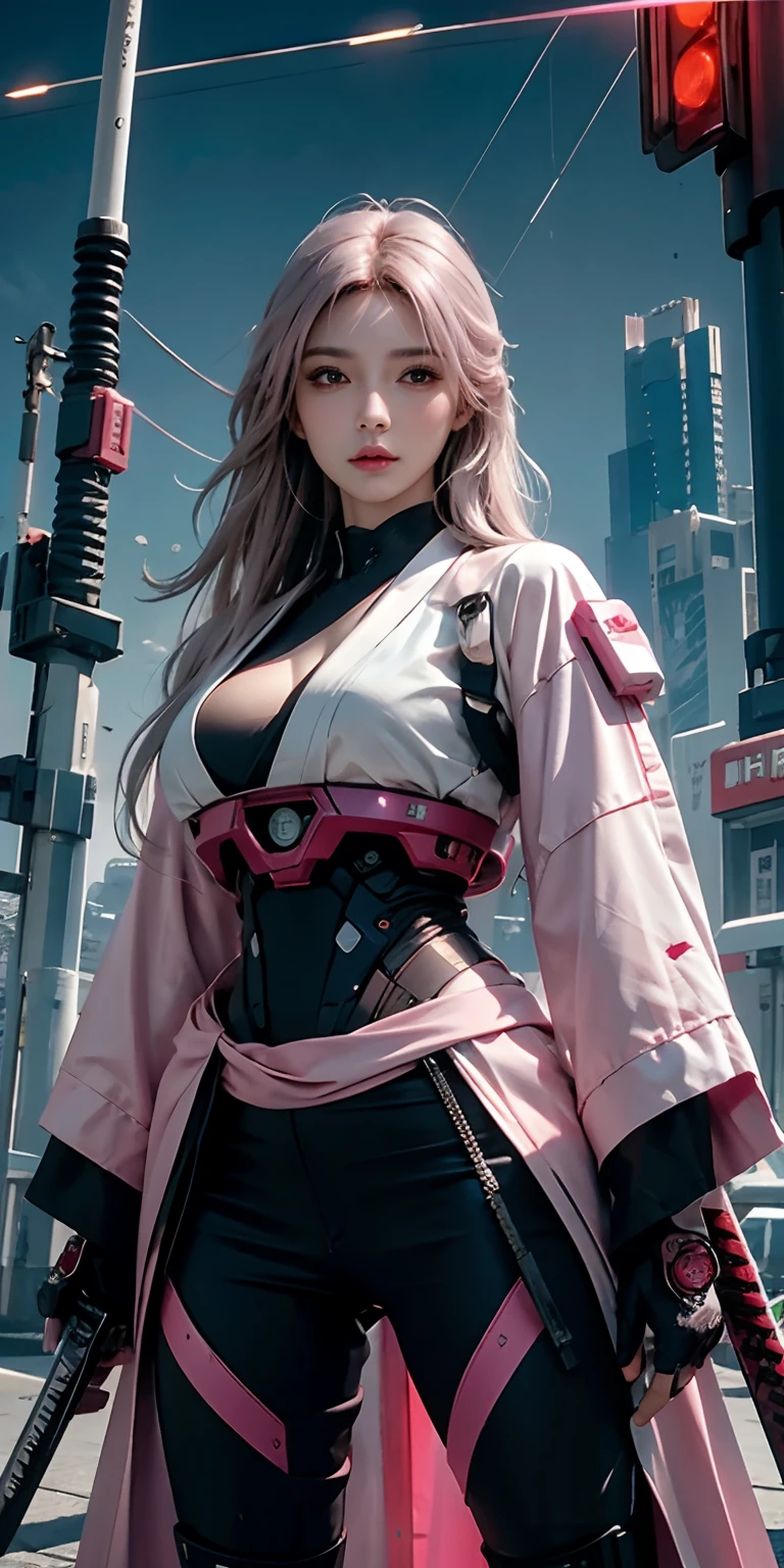 photorealistic, high resolution, soft light,1women, solo, hips up, (detailed face), pink long hair, cybersamurai, cyborg, cyberpunk, cyber armor, holding weapon,glowing,gun, on the street , kimono , katana